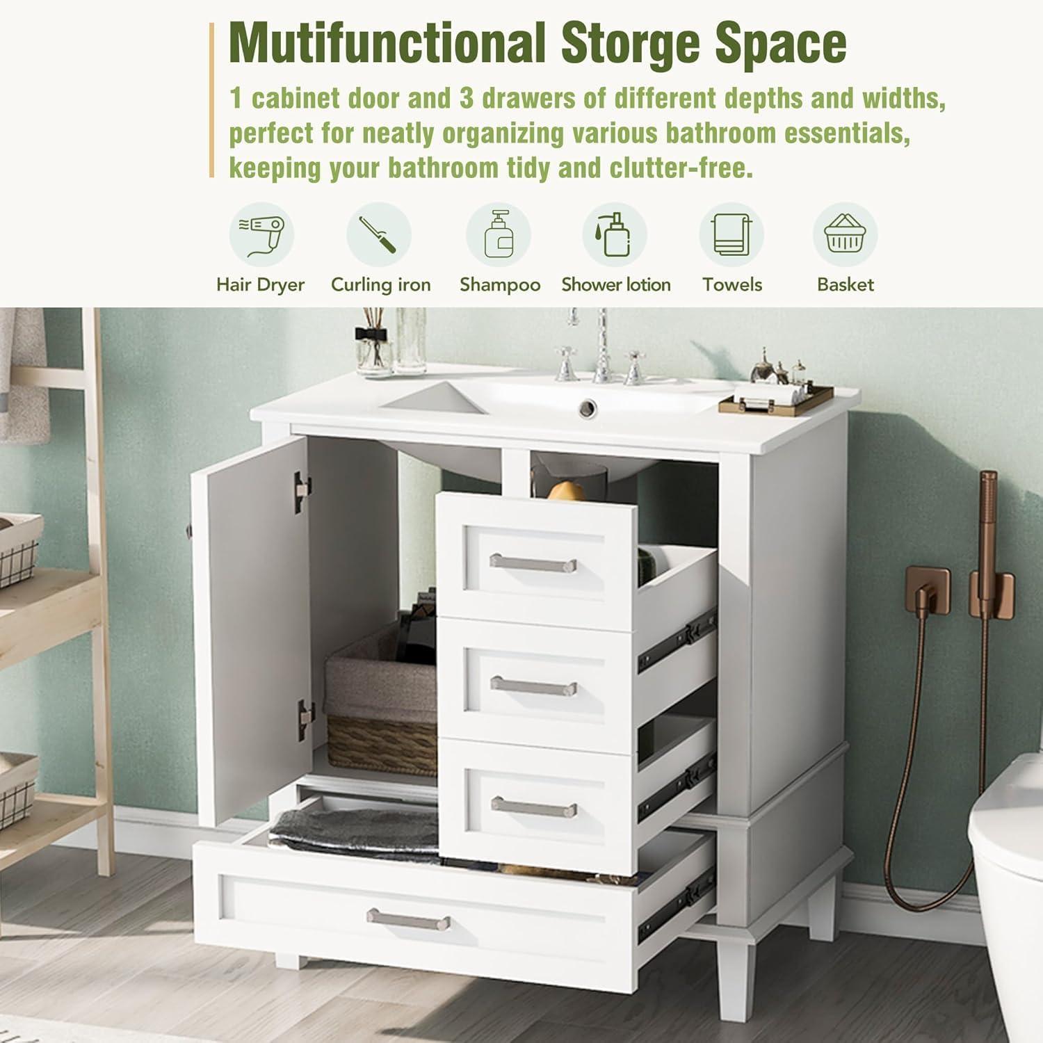 Merax 30 in Bathroom Vanity with Sink,3 Drawers and 4 Doors,Wood Single Sink Bathroom Vanity,Modern White Bathroom Vanities Sink Cabinet Floor Standing with Sink Combo Set