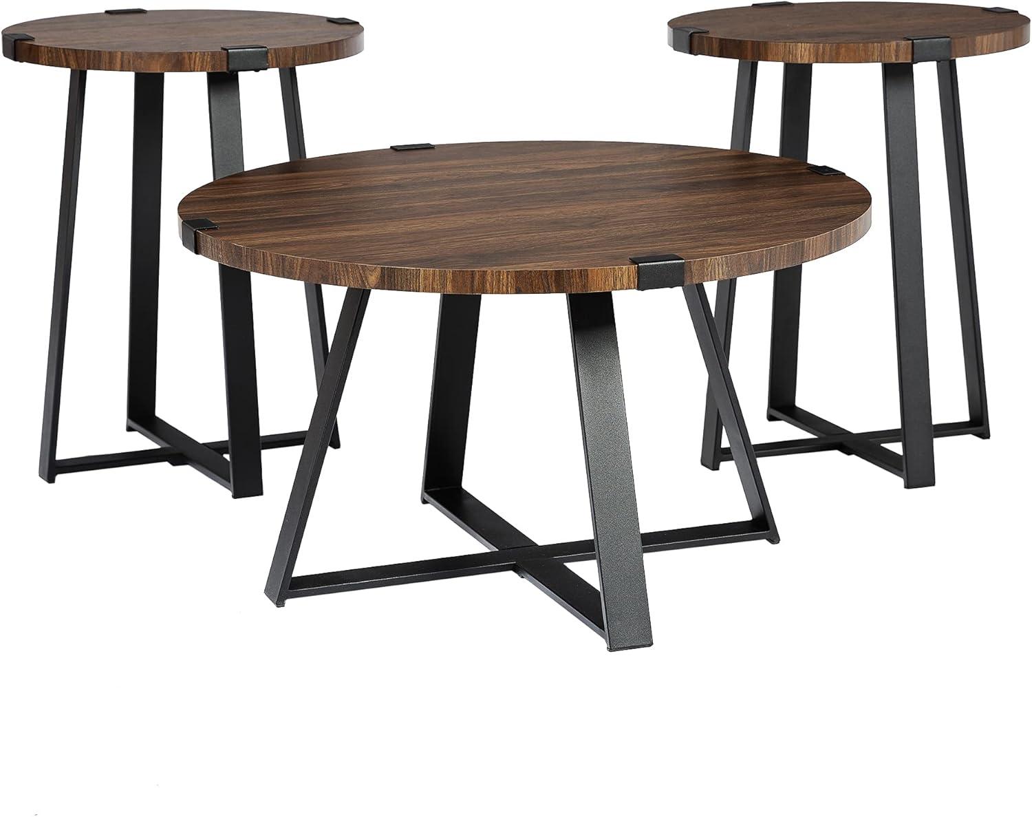 Walker Edison 3 Piece Industrial Wrap Leg Accent Table Set, Dark Walnut