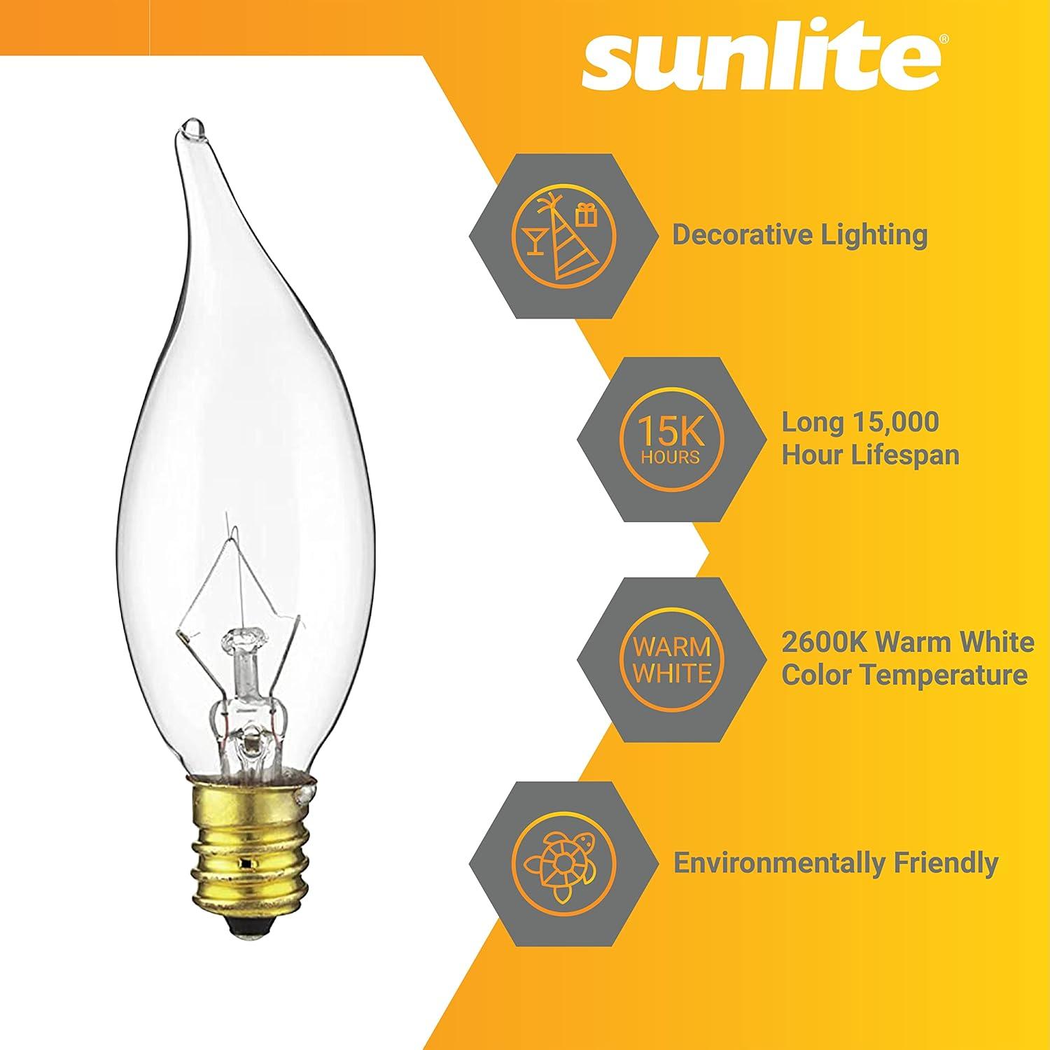 Sunlite 15CFC/25/12PK Flame Tip 15W Incandescent Petite Chandelier Light Bulb, Candelabra (E12) Base, Crystal Clear Bulb (12 Pack)