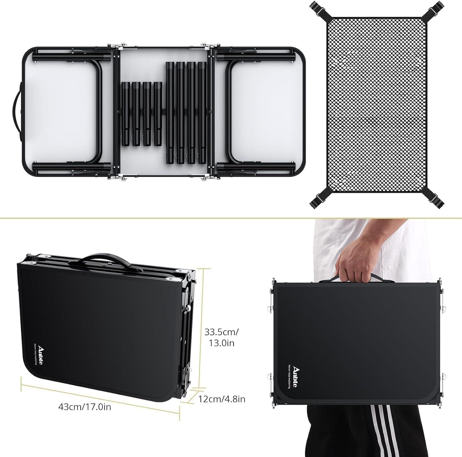 Black Aluminum Folding Camping Table with Adjustable Heights and Storage Net