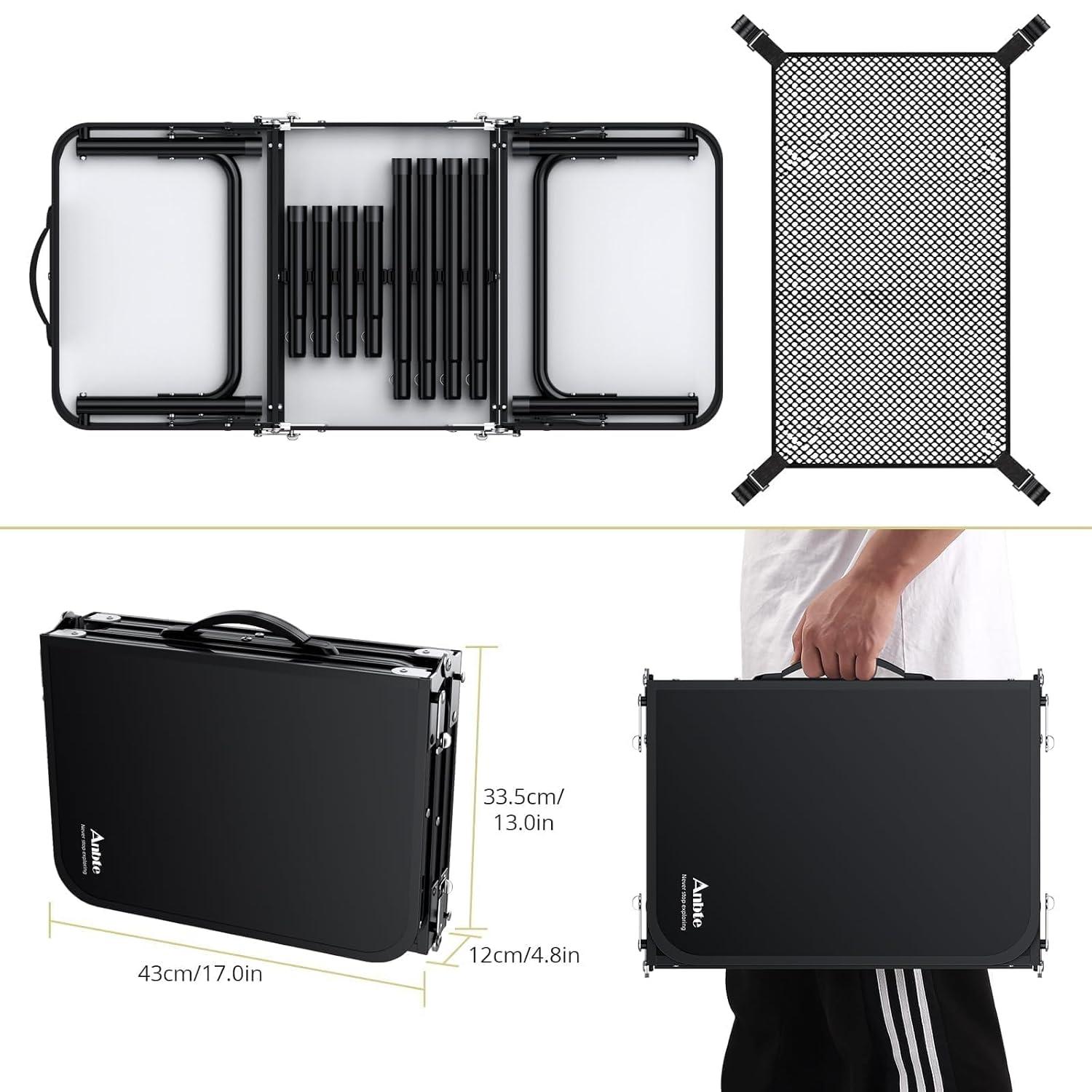 Black Aluminum Folding Camping Table with Adjustable Heights and Storage Net