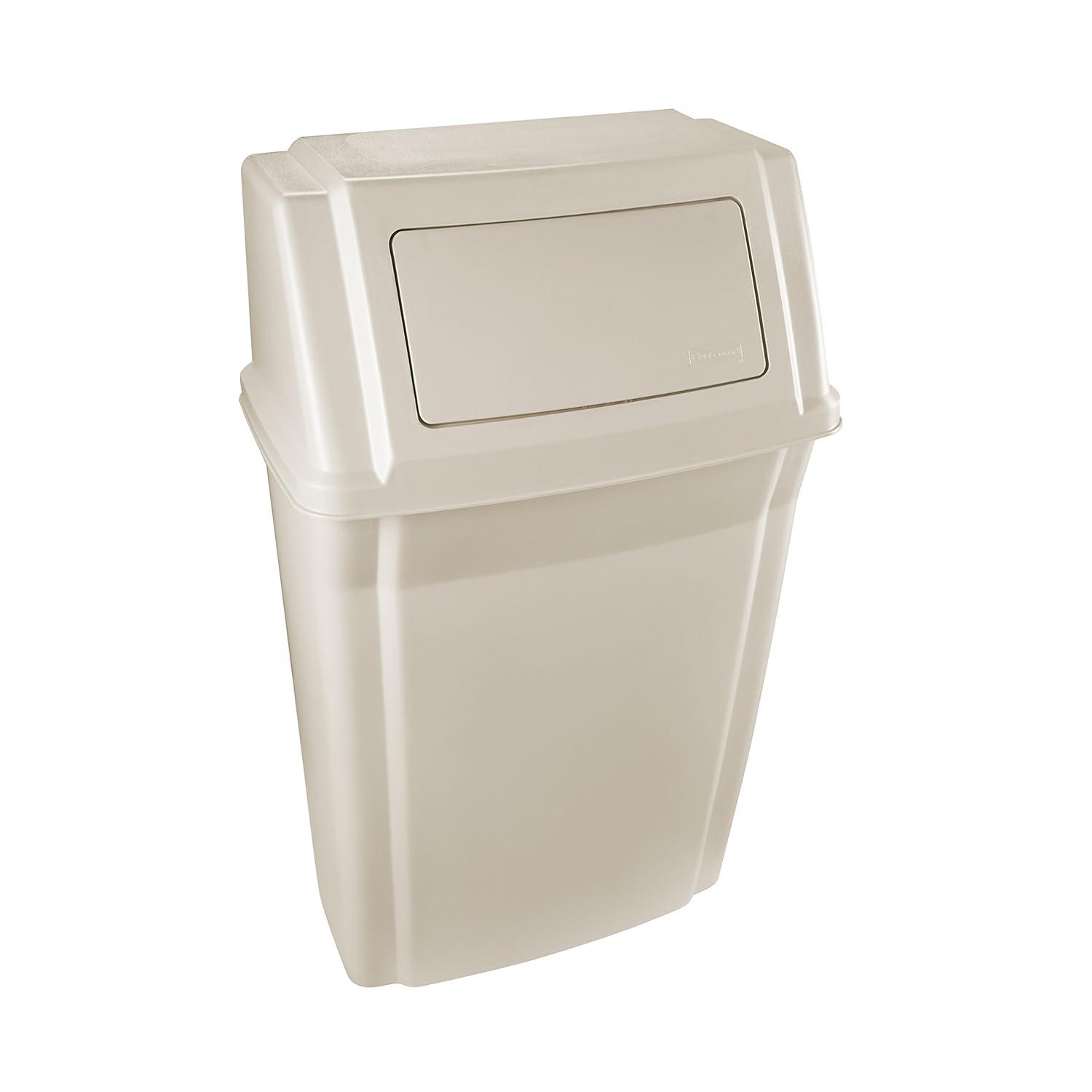 Beige 15-Gallon Wall-Mounted Plastic Trash Bin