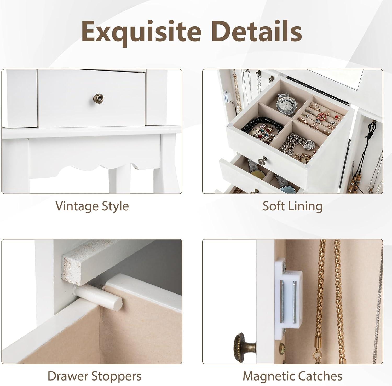 Standing Jewelry Cabinet Armoire with Top Flip Mirror, Jewelry Box Chest with 4 Drawers, Top Compartments, 8 Necklace Hooks and 2 Side Doors, White