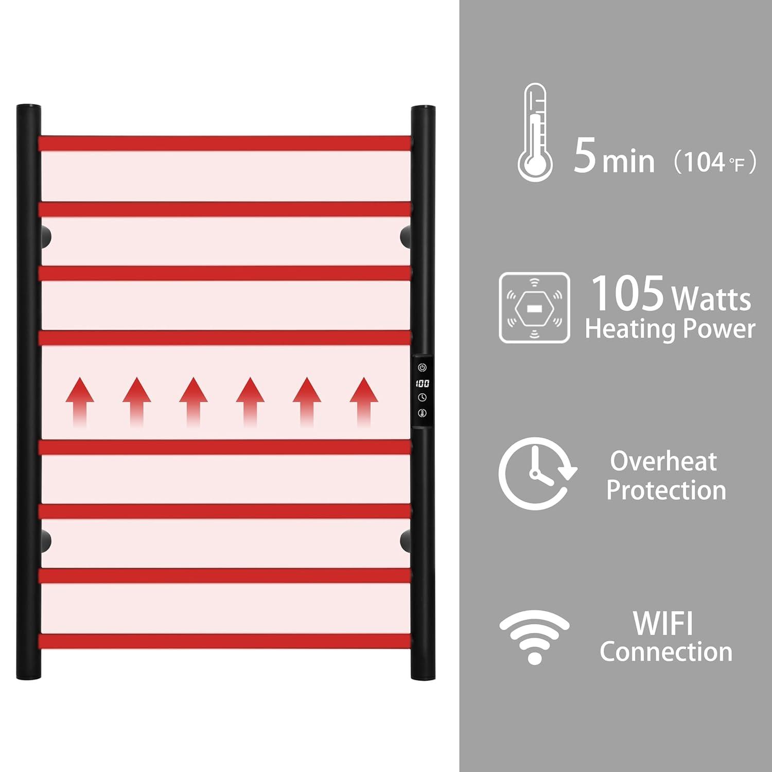 KEG Smart WiFi Towel Warmer Wall Mounted with Built-in Timer and Temperature Adjust Control, 8 Bars Electric Stainless Steel Heated Towel Racks for Bathroom Black