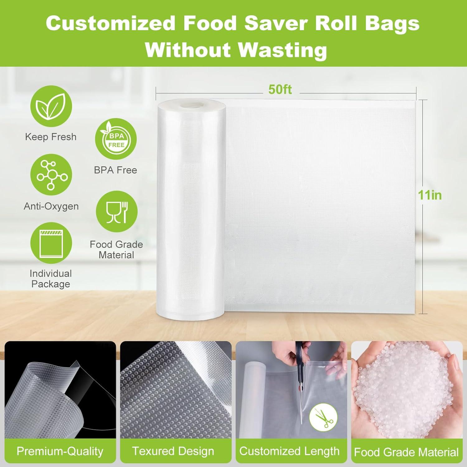 Bonsenkitchen Vacuum Sealer Bags, 11 in x 50 ft Rolls 2 Pack, BPA Free, Commercial Grade Textured Food Roll Bags, Customized Size, Sous Vide Cooking