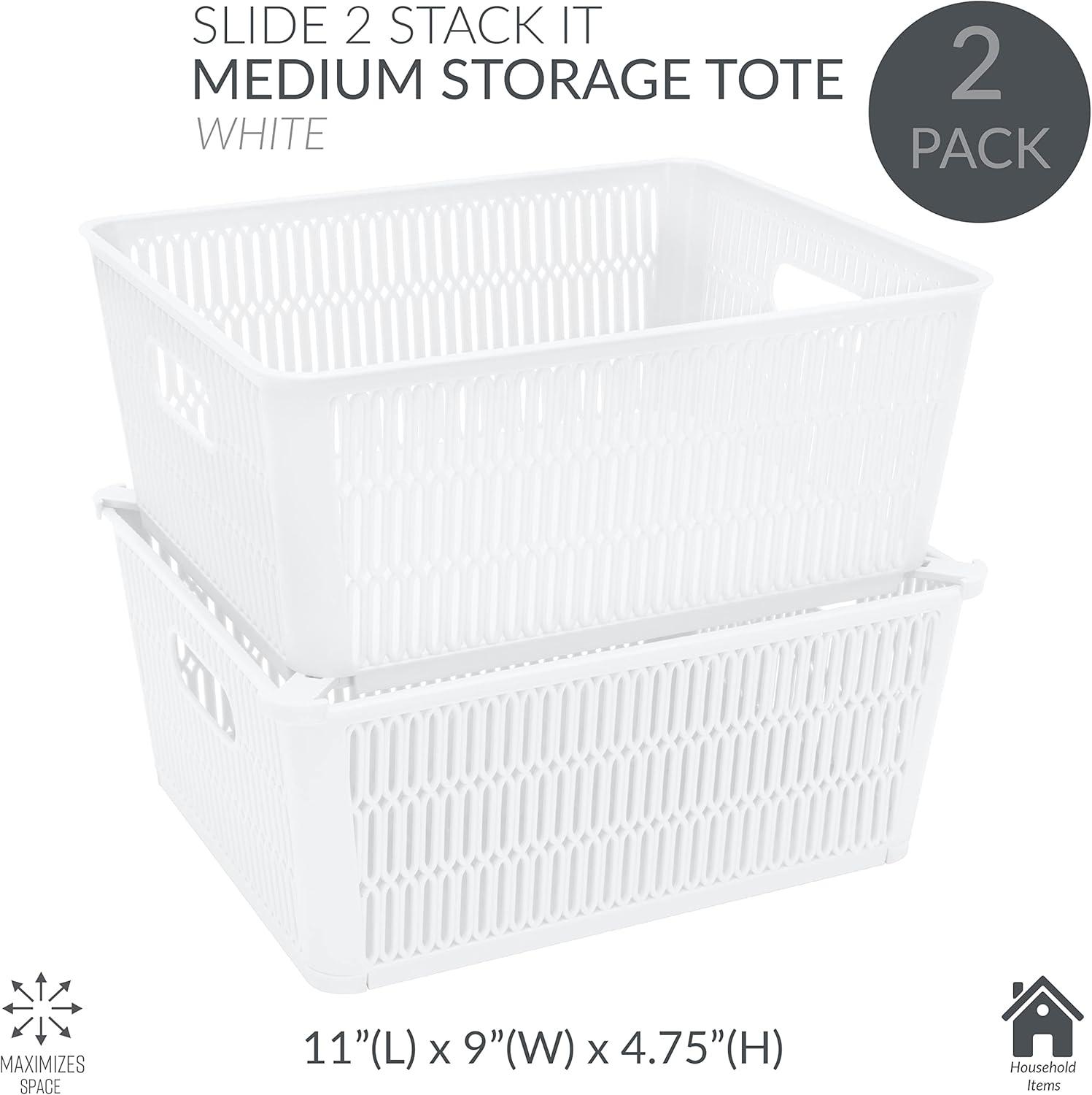 Simplify Slide 2 Stack It 2 Pack Plastic Storage Tote Baskets in White