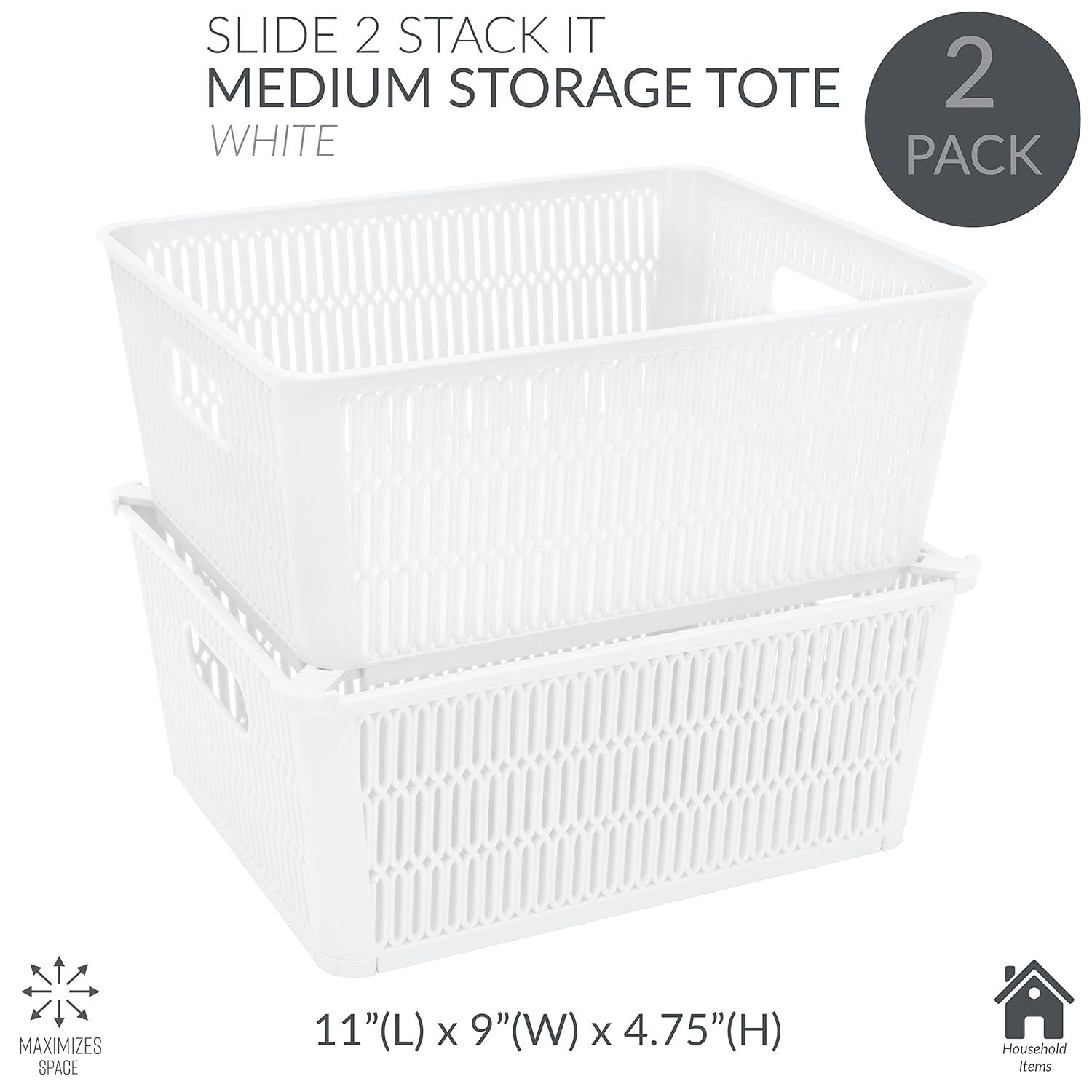 Simplify Slide 2 Stack It 2 Pack Plastic Storage Tote Baskets in White