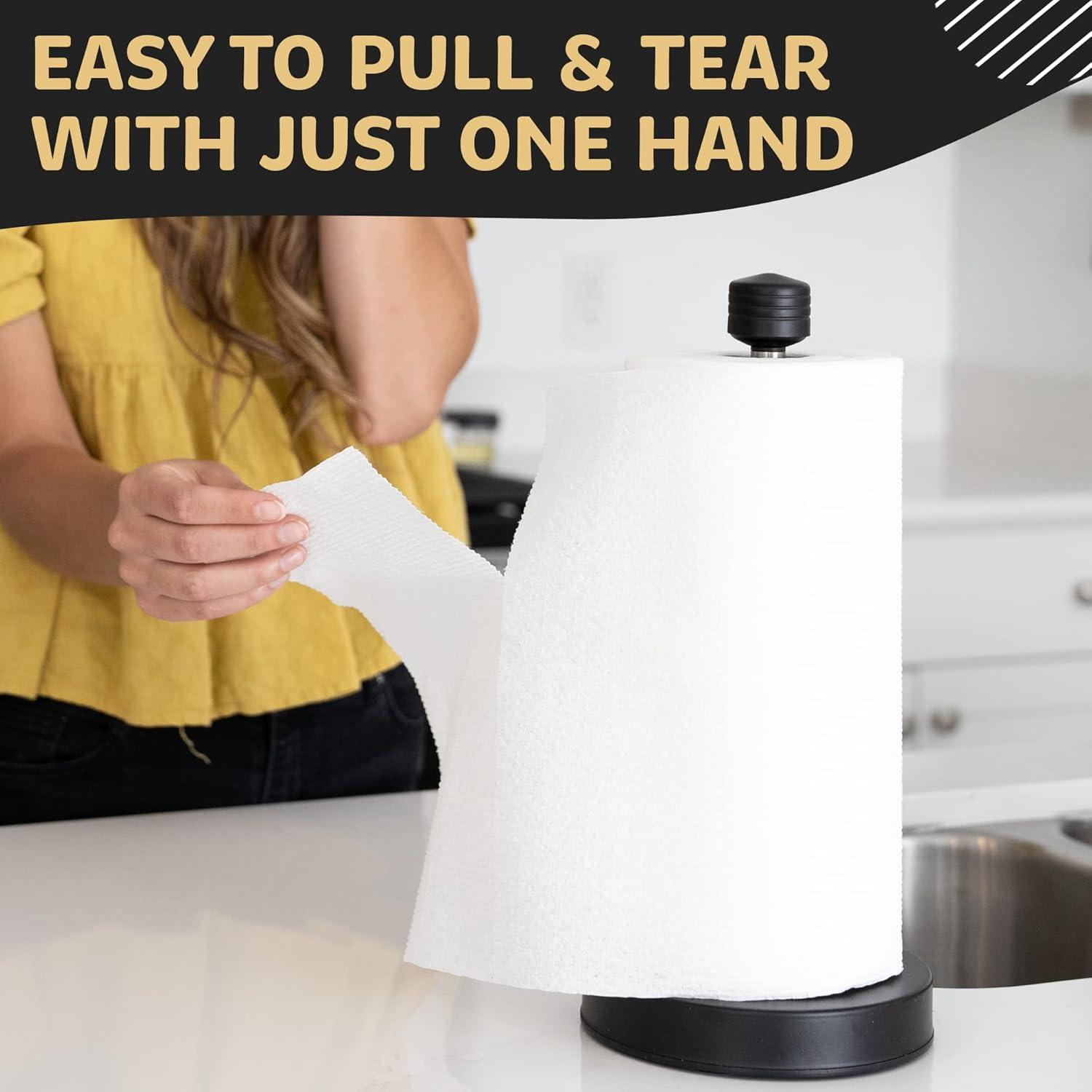 Stainless Steel Black Paper Towel Holder Designed for Easy One-Handed Operation - This Sturdy Weighted Paper Towel Dispenser Countertop Model Has Suction Cups and Holds Paper Towel Rolls of All Sizes