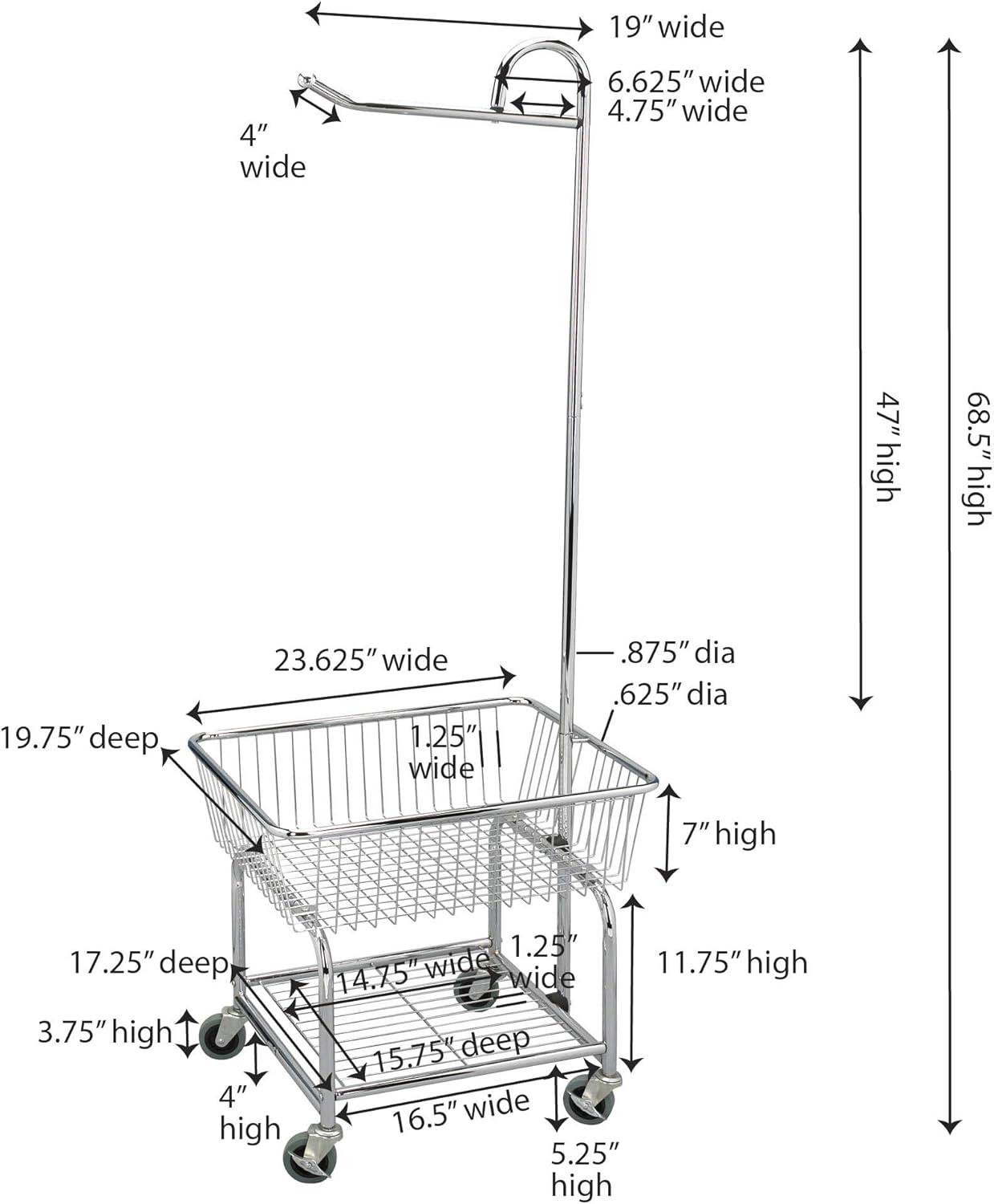 Chrome Rolling Laundry Cart with Hanging Bar and Shelf