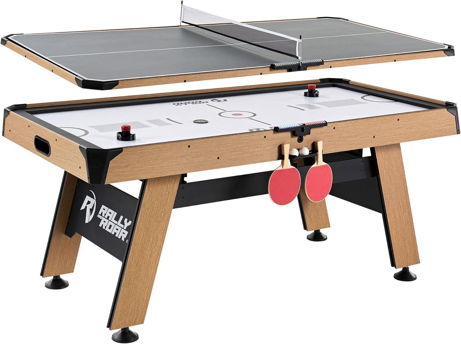 72-Inch Oak and Black Air Hockey Table with LED Scorer and Table Tennis Top