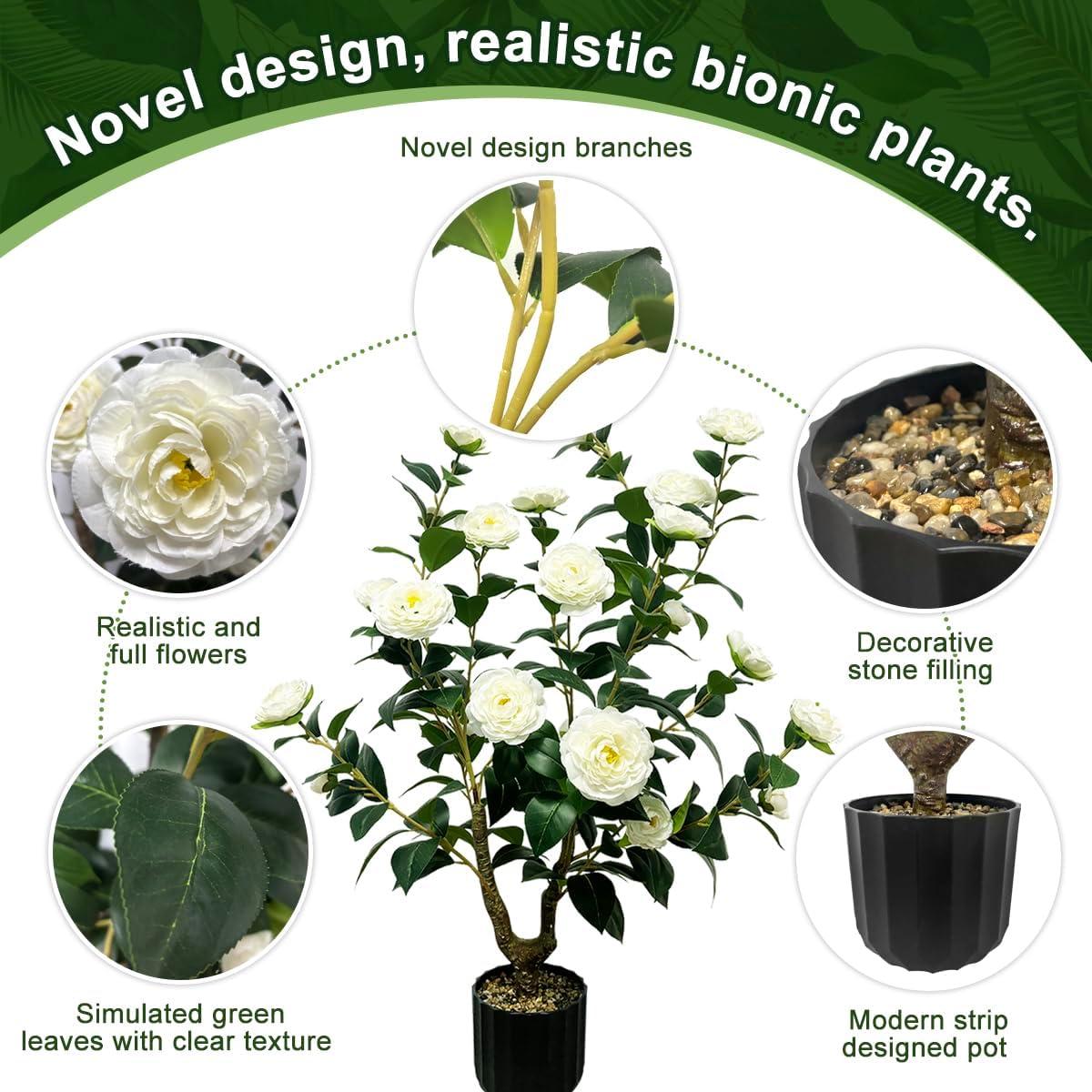 Tall Artificial White Camellia Trees in Black Pots, Set of 2