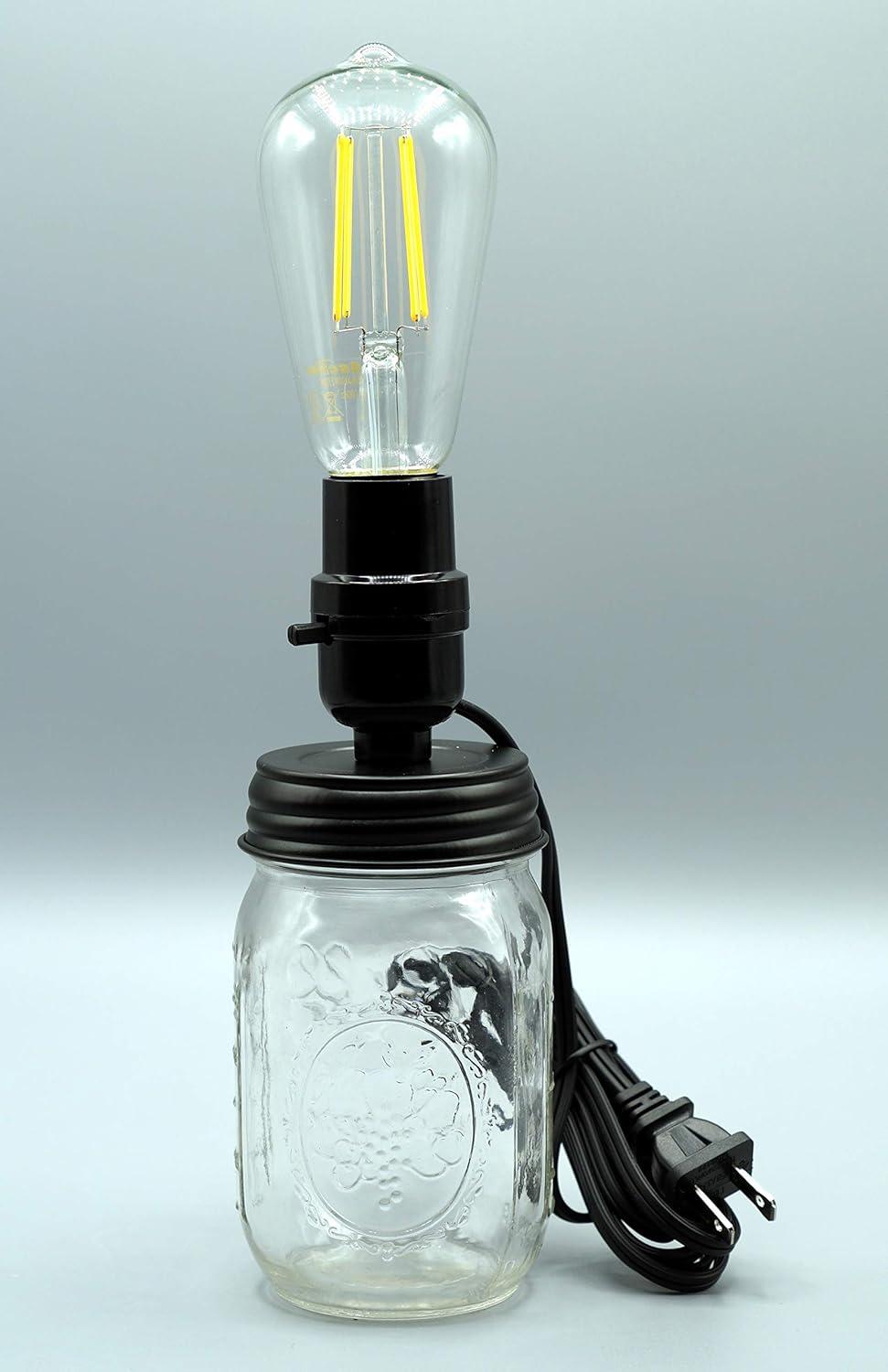 DIY Mason Jar Lamp Making Kit - Black Color Lid & Socket great for Lamp Conversion, Fits Wide Mouth Canning, Fruit, Mason Jars, Pre-Wired and Easy to Use