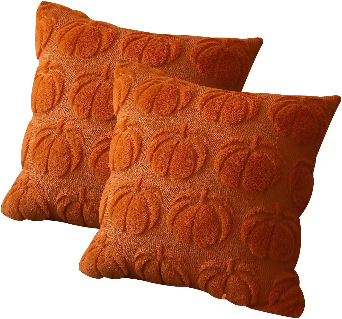 Orange Pumpkin Pattern Plush Euro Pillow Covers, Set of 2