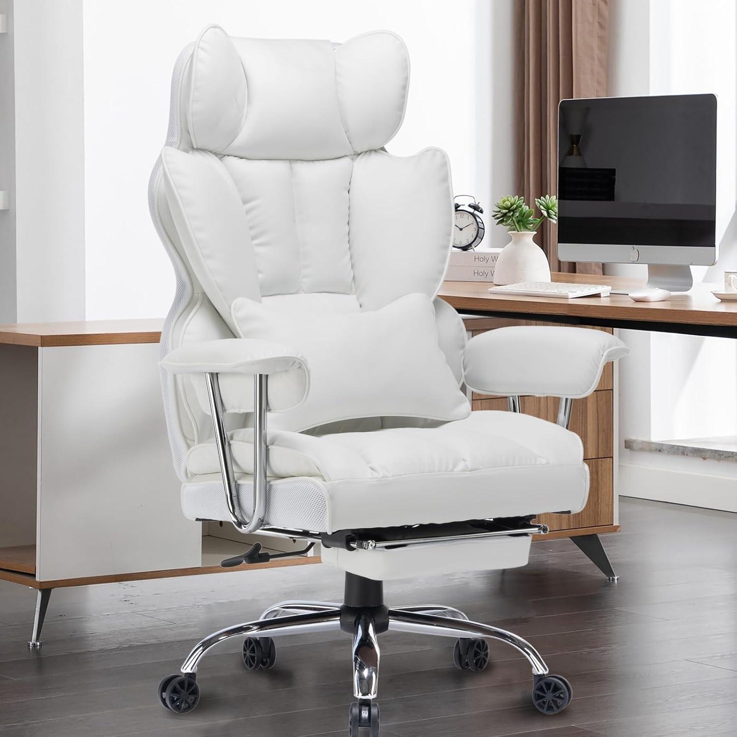 White High Back Leather Executive Swivel Office Chair with Footrest