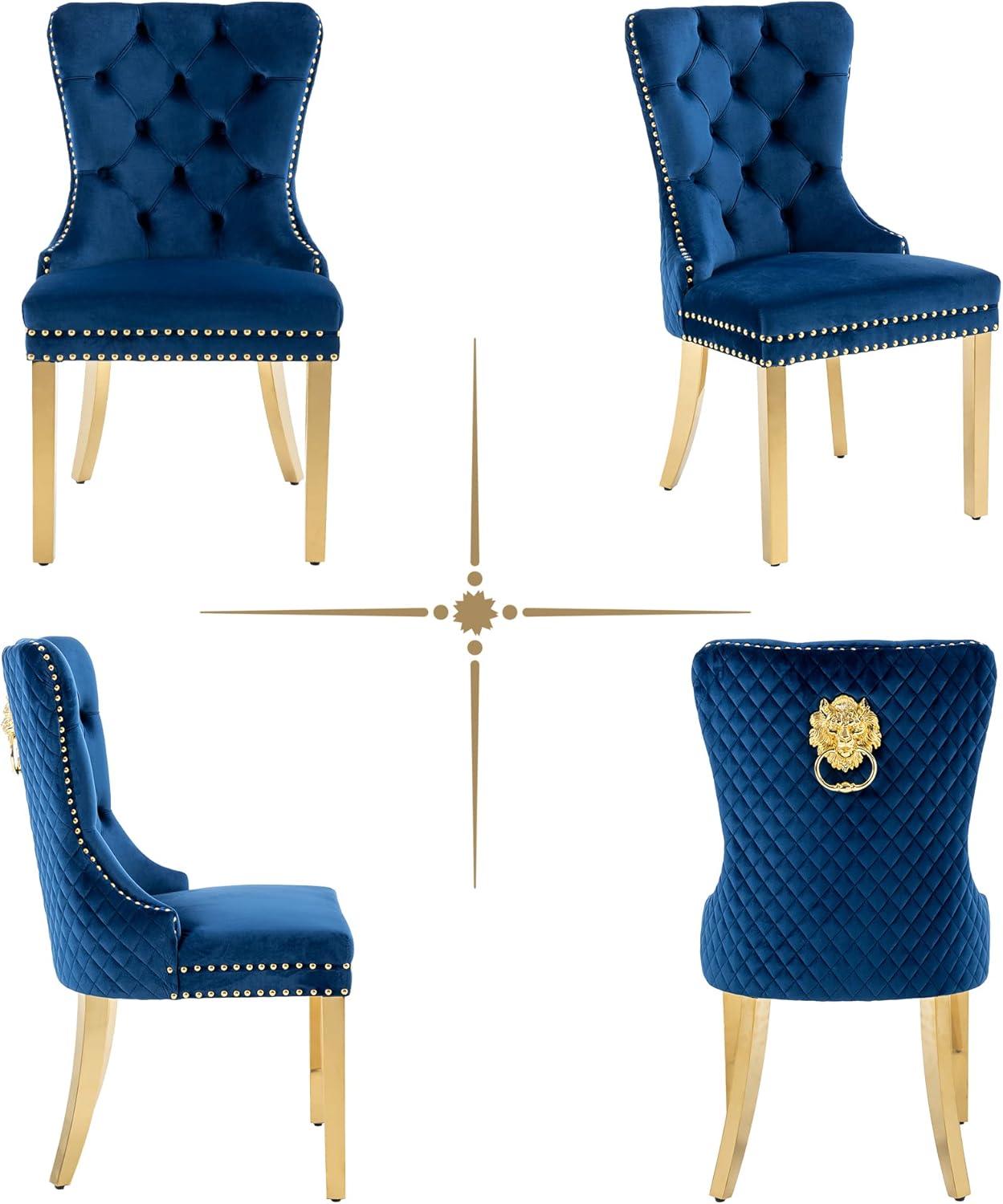 Velvet Upholstered Dining Chairs, Set of 2, Dining Room Tufted Chair, Modern Button Tufted Armless Chairs with Nailhead Trim and Back Ring Pull, Gold Legs, for Dining Room, Kitchen, Navy