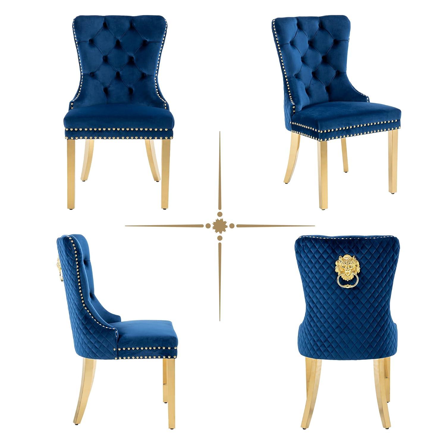 Velvet Upholstered Dining Chairs, Set of 2, Dining Room Tufted Chair, Modern Button Tufted Armless Chairs with Nailhead Trim and Back Ring Pull, Gold Legs, for Dining Room, Kitchen, Navy