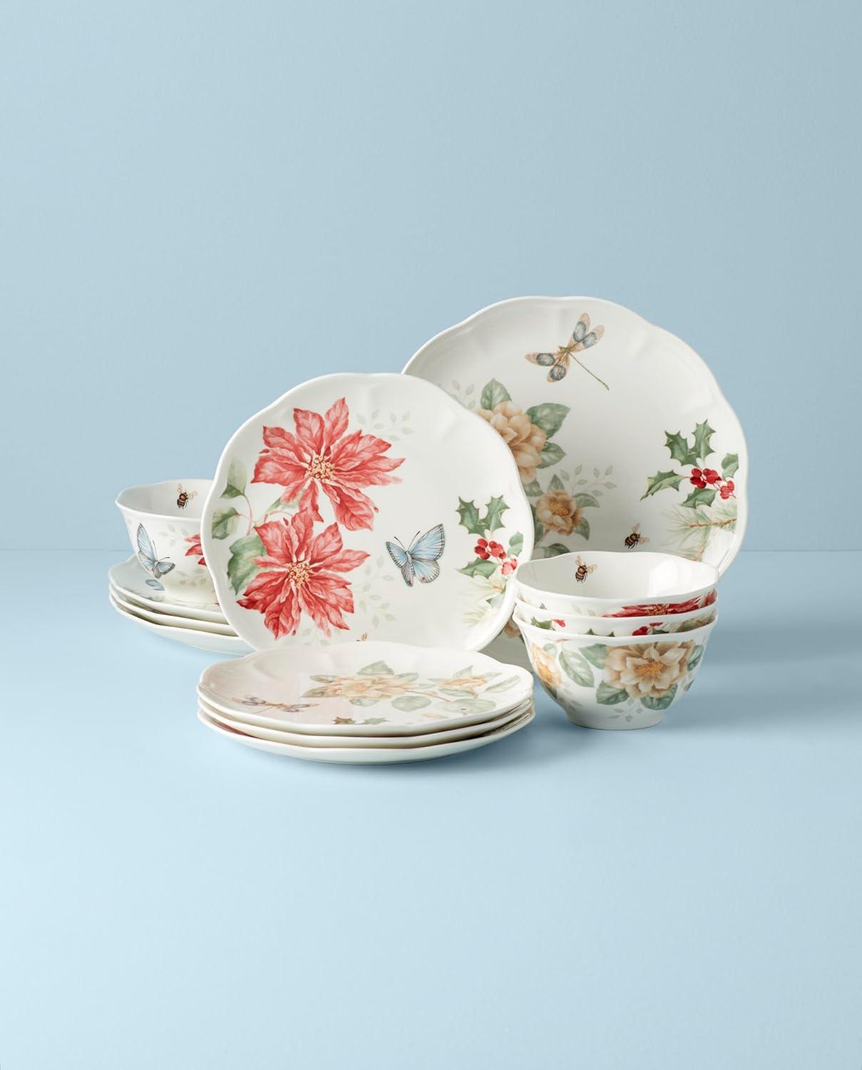 Butterfly Meadow Holiday 12-Piece Porcelain Dinnerware Set for 4