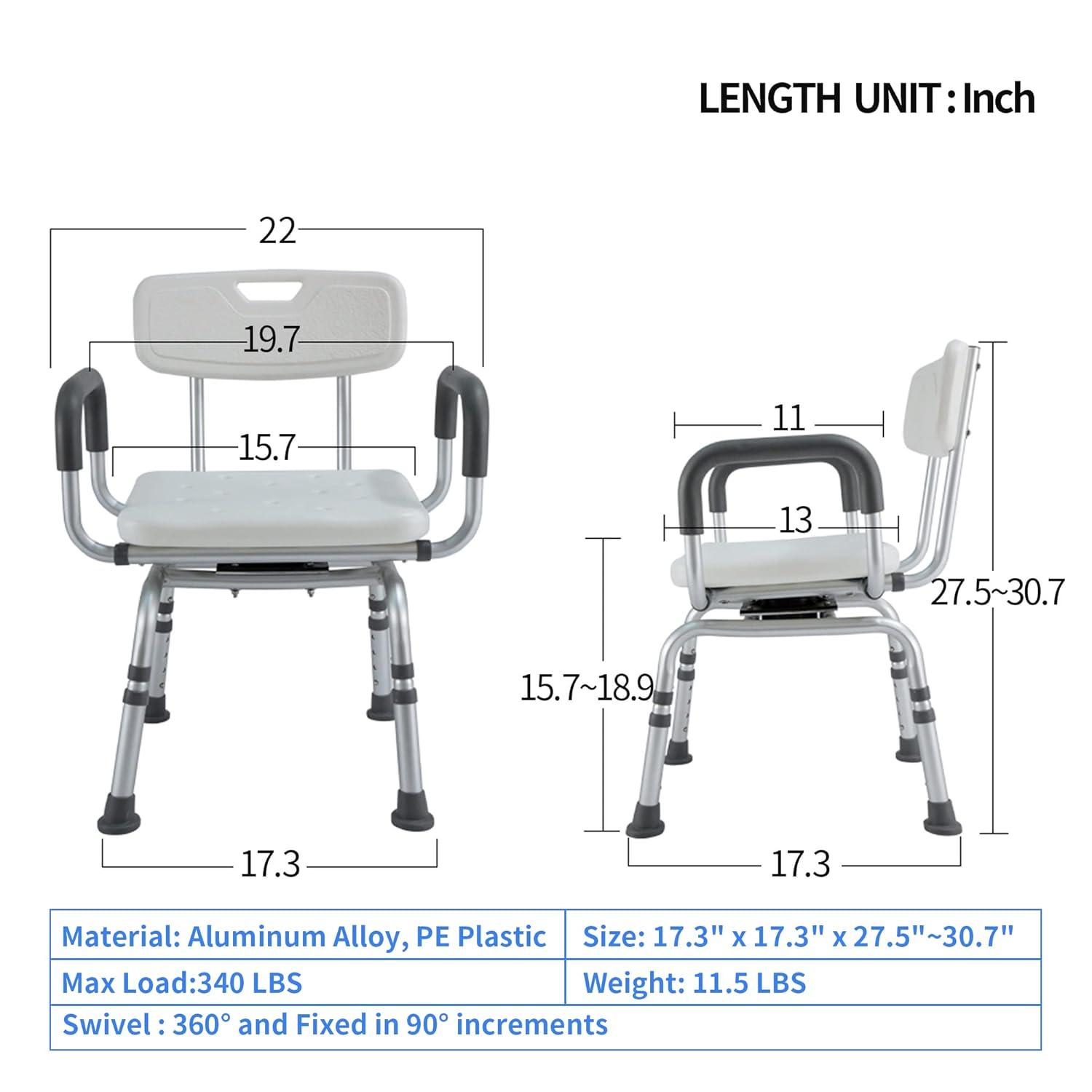 Swivel Shower Chair - Rotating, Pivoting, Height Adjustable Bath Chair for Seniors with Shower Head Holder