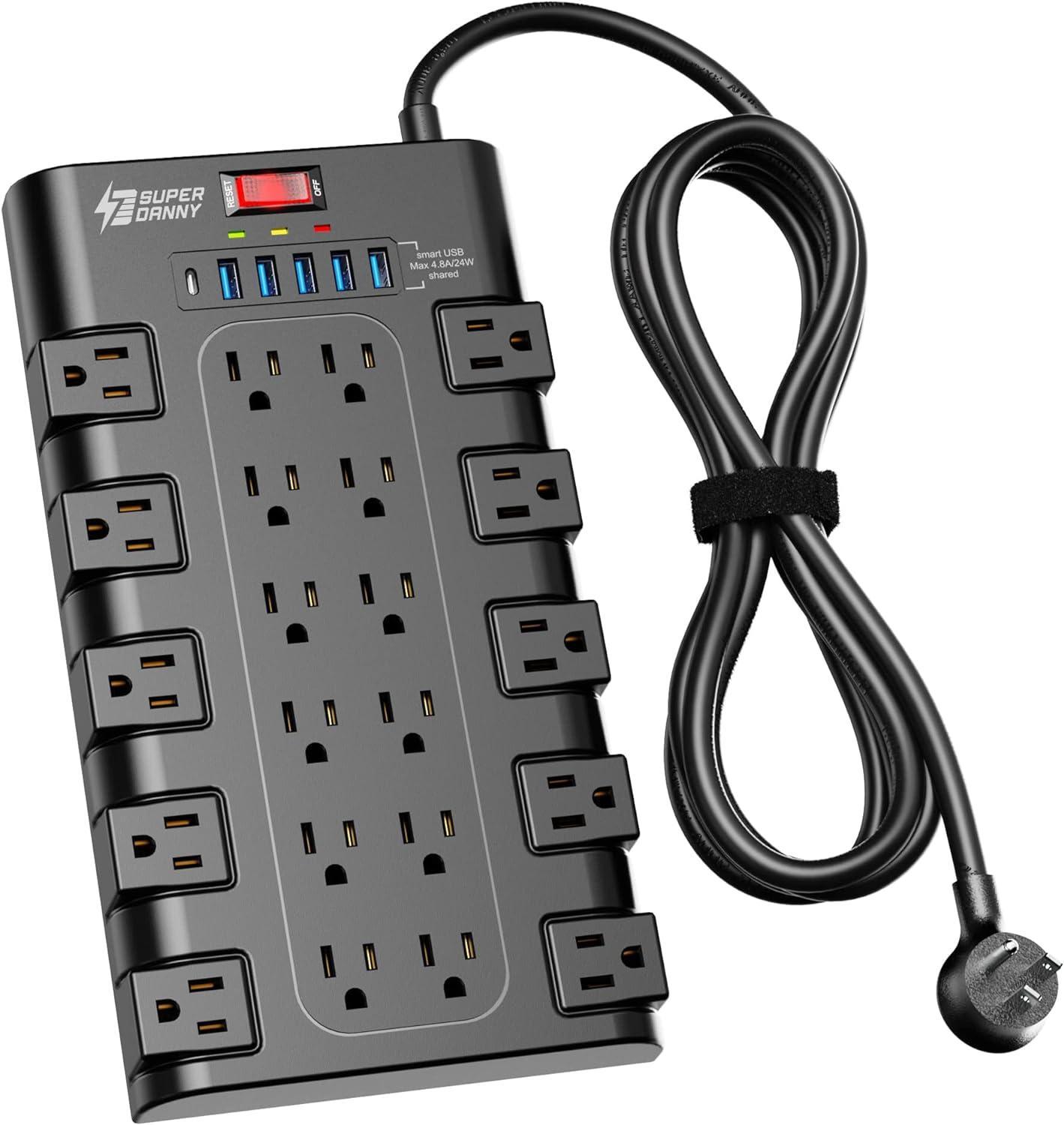 Black 28-Outlet Power Strip with USB Ports