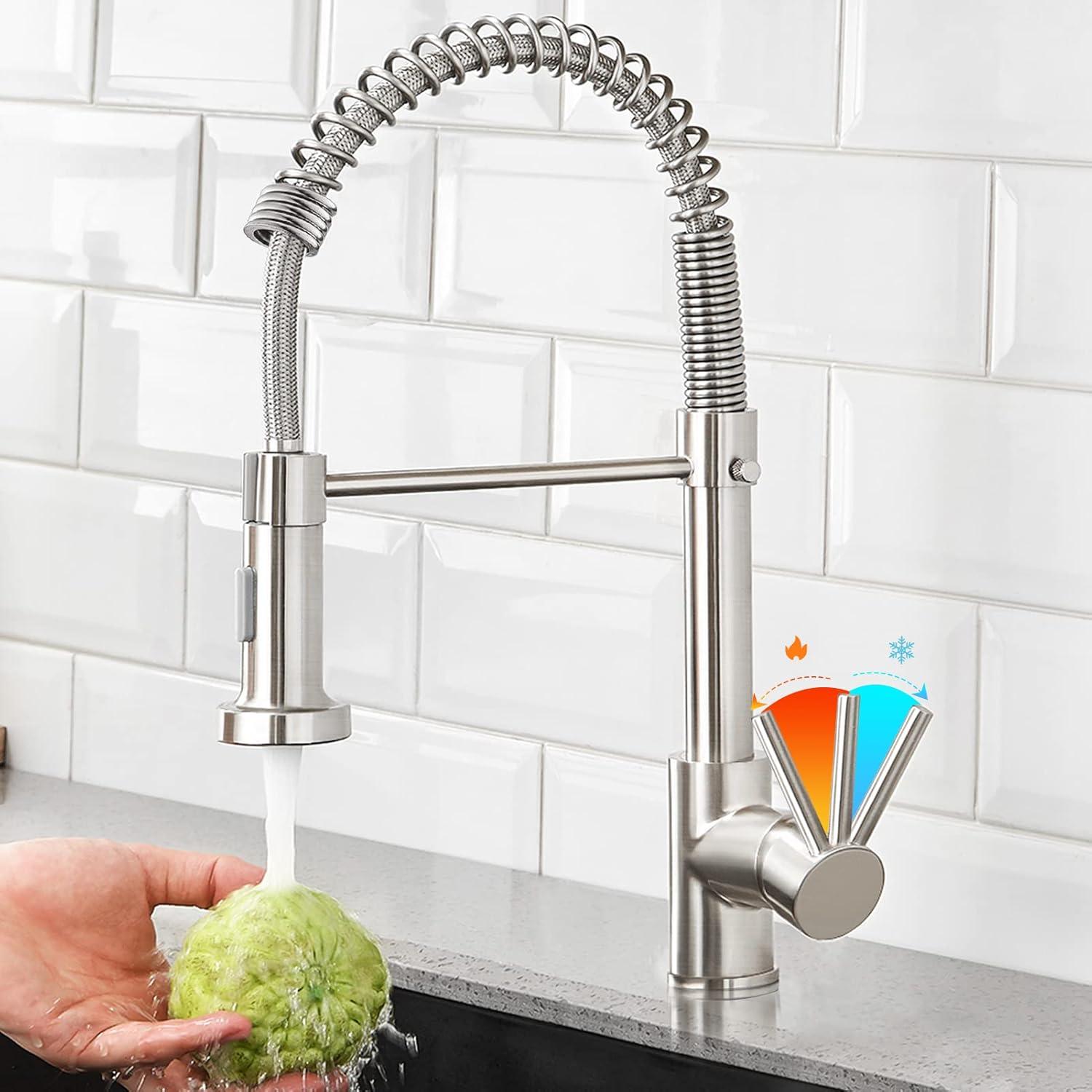 Brushed Nickel Commercial Pull-Down Kitchen Faucet with Spray