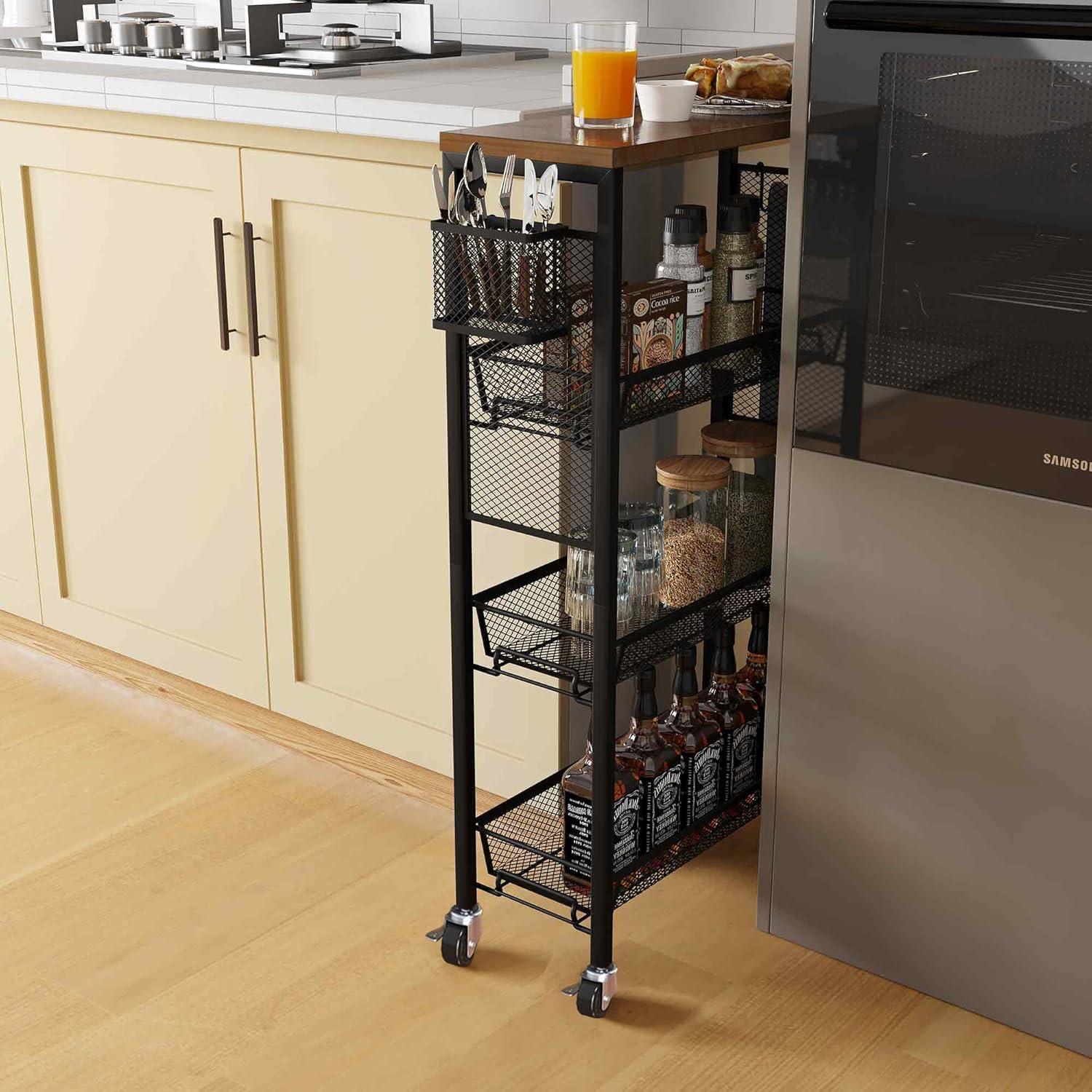 DWVO 4-Tier Slim Rolling Cart on Wheels, 34" Wooden Tabletop Kitchen Storage Organizer Cart with Wire Mesh Baskets, Slide-Out Storage Cart for Kitchen, Bathroom Living Room (White)