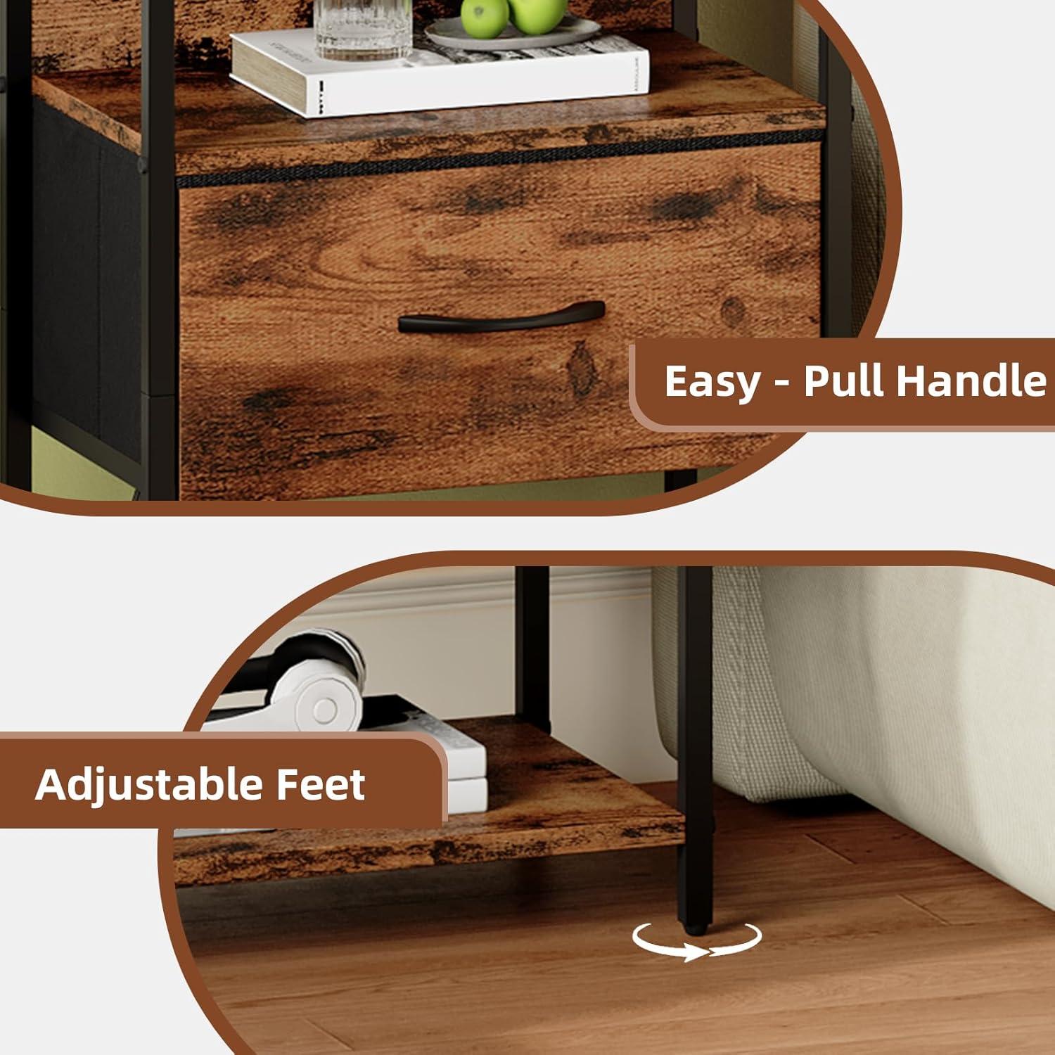 Somdot Bedside Table Set of 2 with Charging Station, LED and Storage Shelfs for Bedroom Living Room, Wood Grain Print