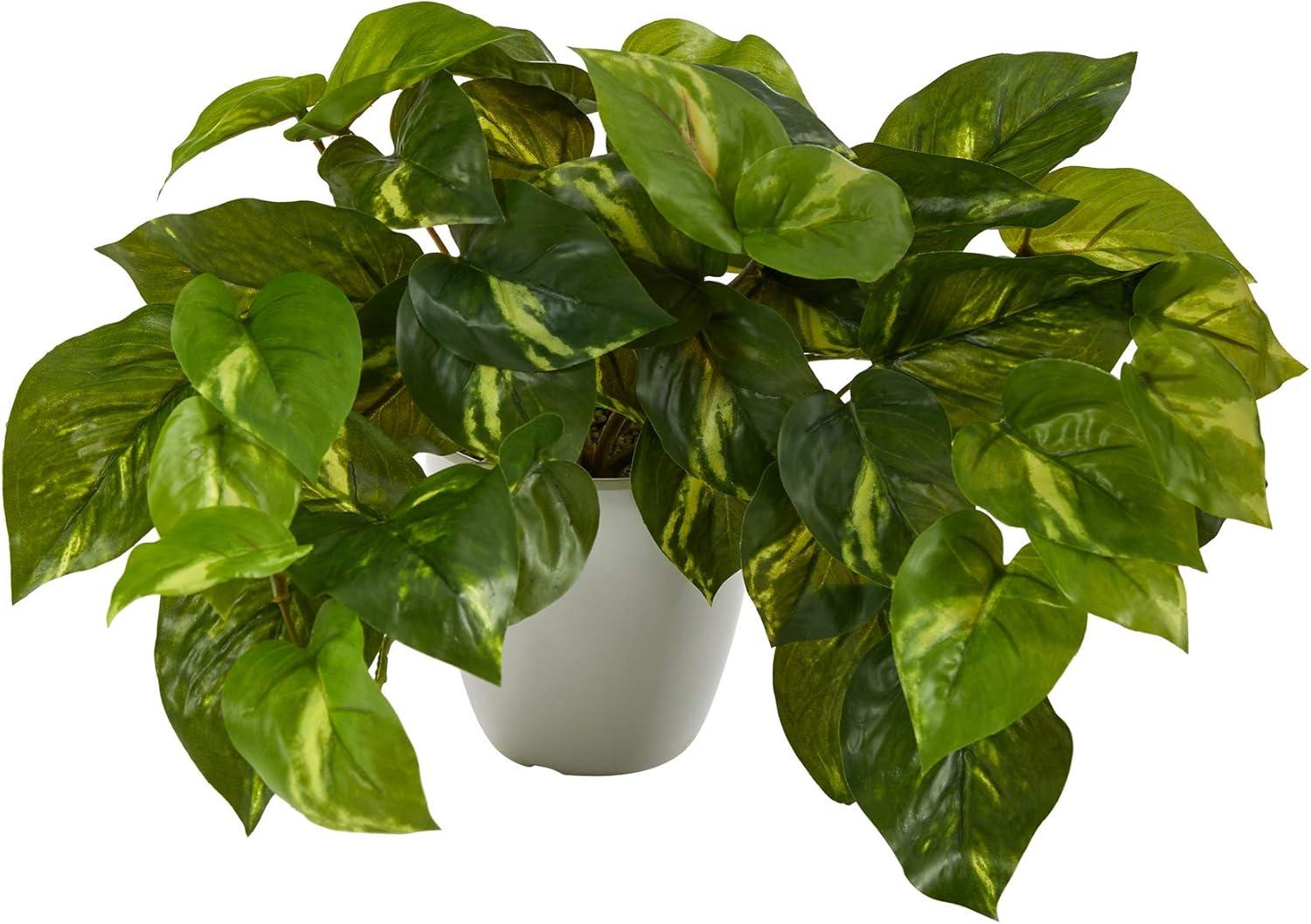 Nearly Natural 9-in Pothos Artificial Plant in White Planter (Real Touch)