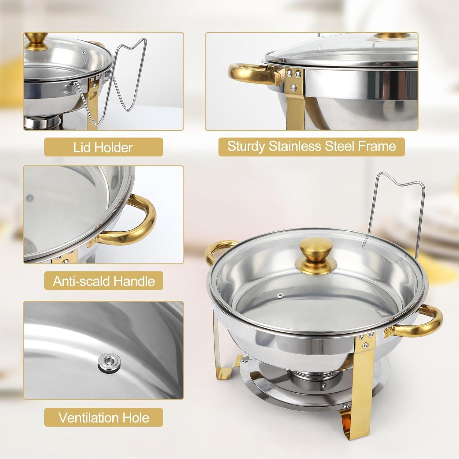 WhizMax Chafing Dish Buffet Set 2 Pack 5QT, Stainless Steel Round Chafing Dishes for Buffet with Lid Holder & Glass Lid, Gold