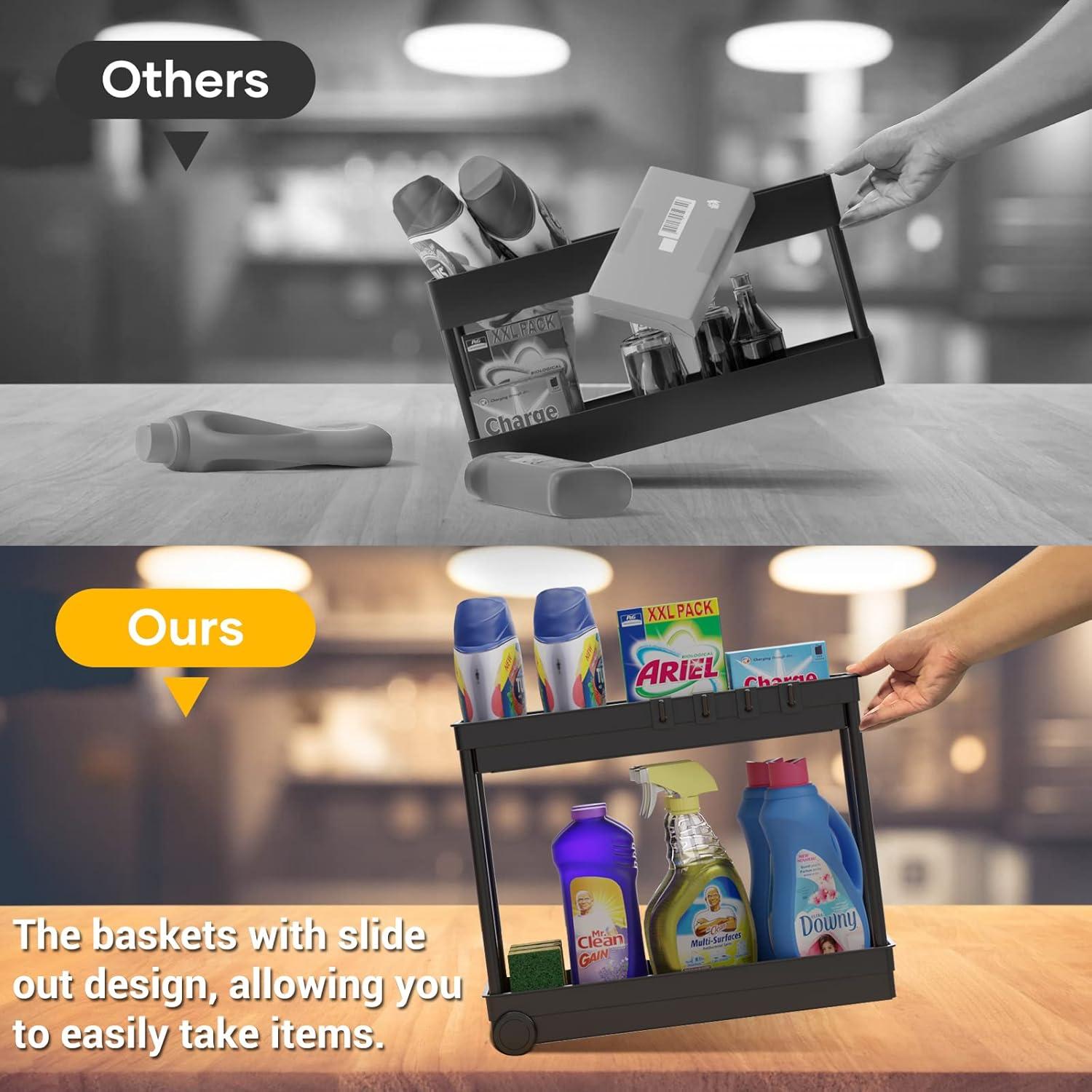 Black 2-Tier Sliding Under Sink Organizer with Hooks