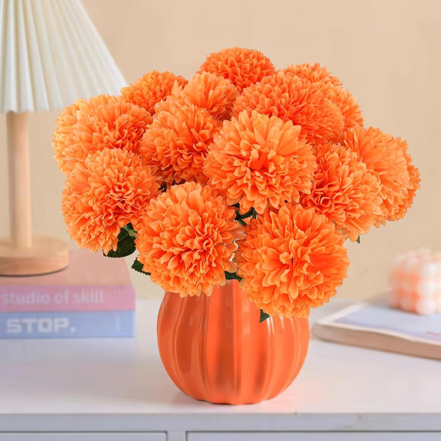 12pcs Orange Fake Flowers 12" Artificial Chrysanthemum Ball Silk Flowers Bouquet for Home Kitchen Wedding Table Arrangement Decorations