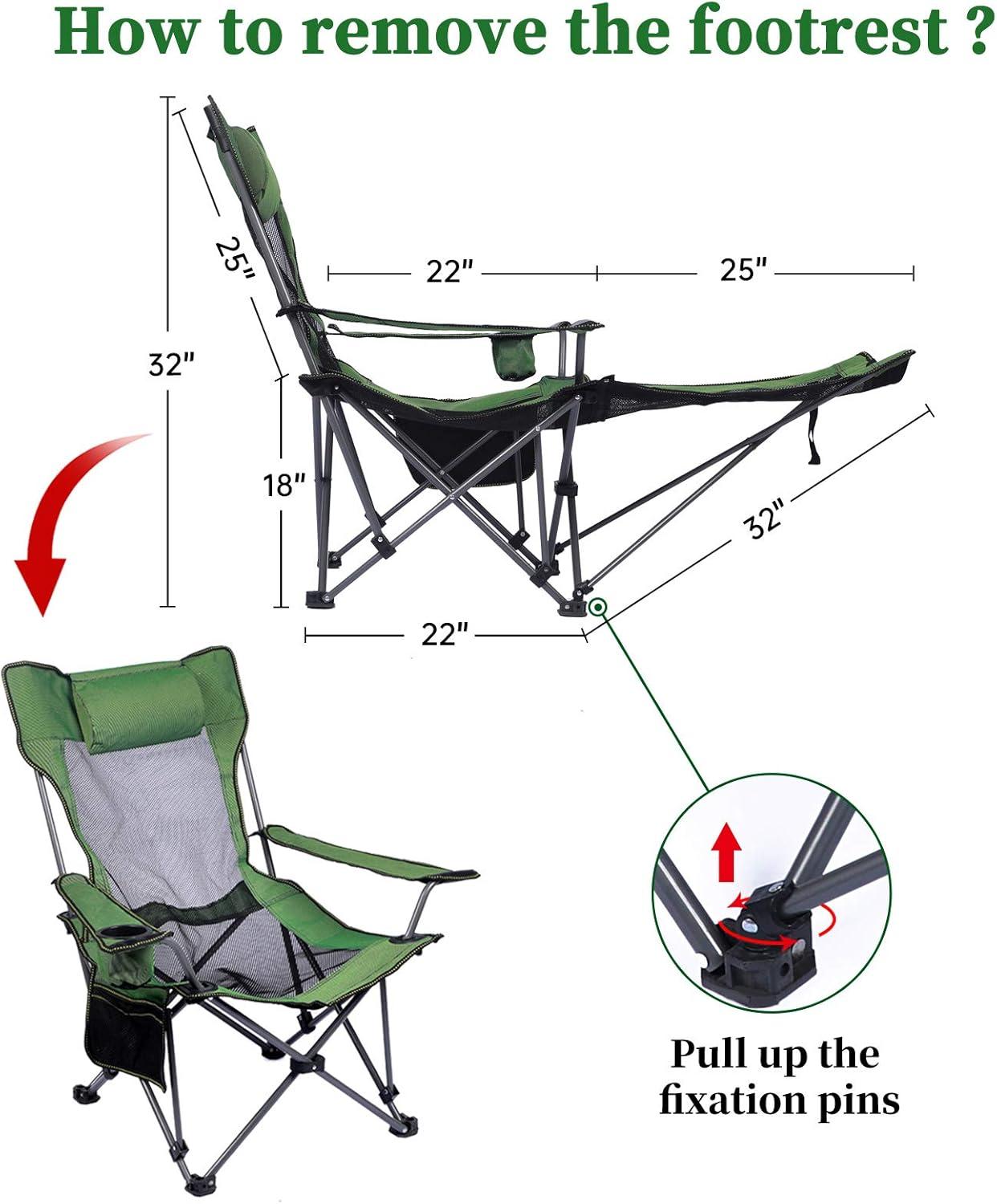 Green Alloy Steel Adjustable Reclining Camping Chair with Footrest