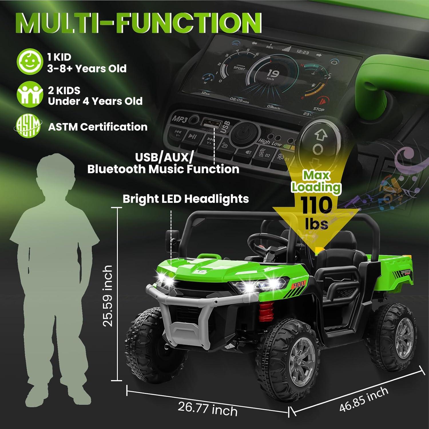 24V Ride on UTV Car, 2 Seater Kids Electric Powered Ride on Toys Dump Truck with Trailer Remote Control, Green