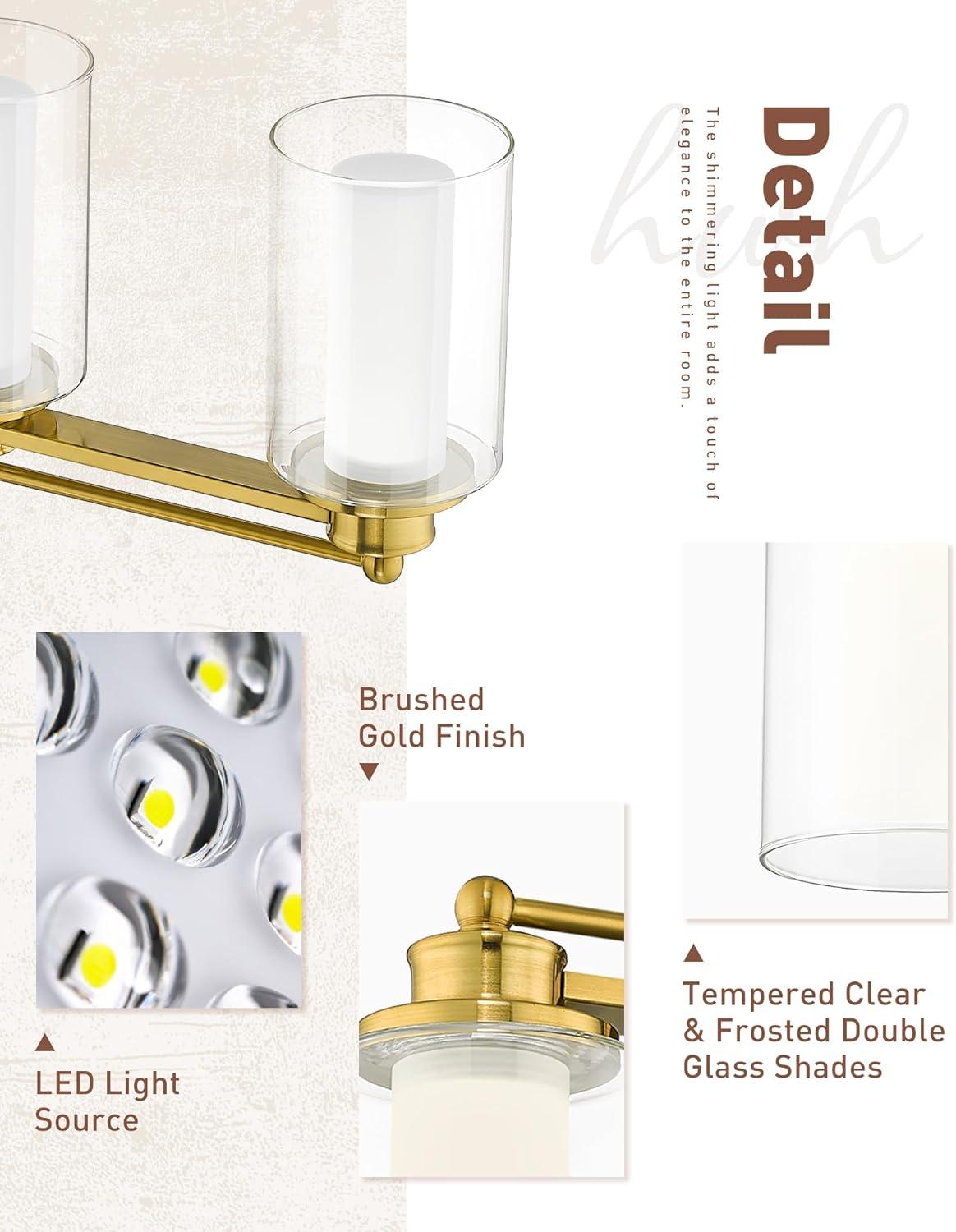 4 Light Bathroom Vanity Light, HWH Brushed Gold Vanity Lights for Bathroom Brass Bathroom Light Fixtures Clear Glass, Dimmable LED Vanity Lights for Mirror 24W 5CCT, 5HLT63B-4W-LED BG