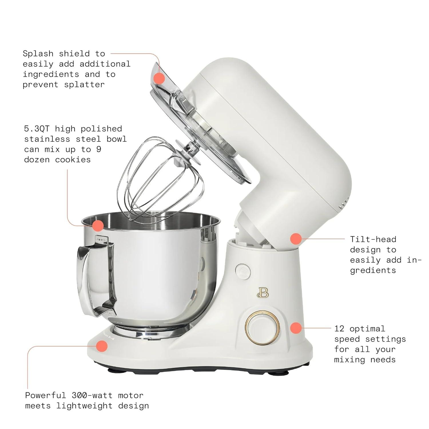Beautiful 5.3 Qt Stand Mixer, White Icing with Flat Beater, Dough Hook, Balloon Whisk