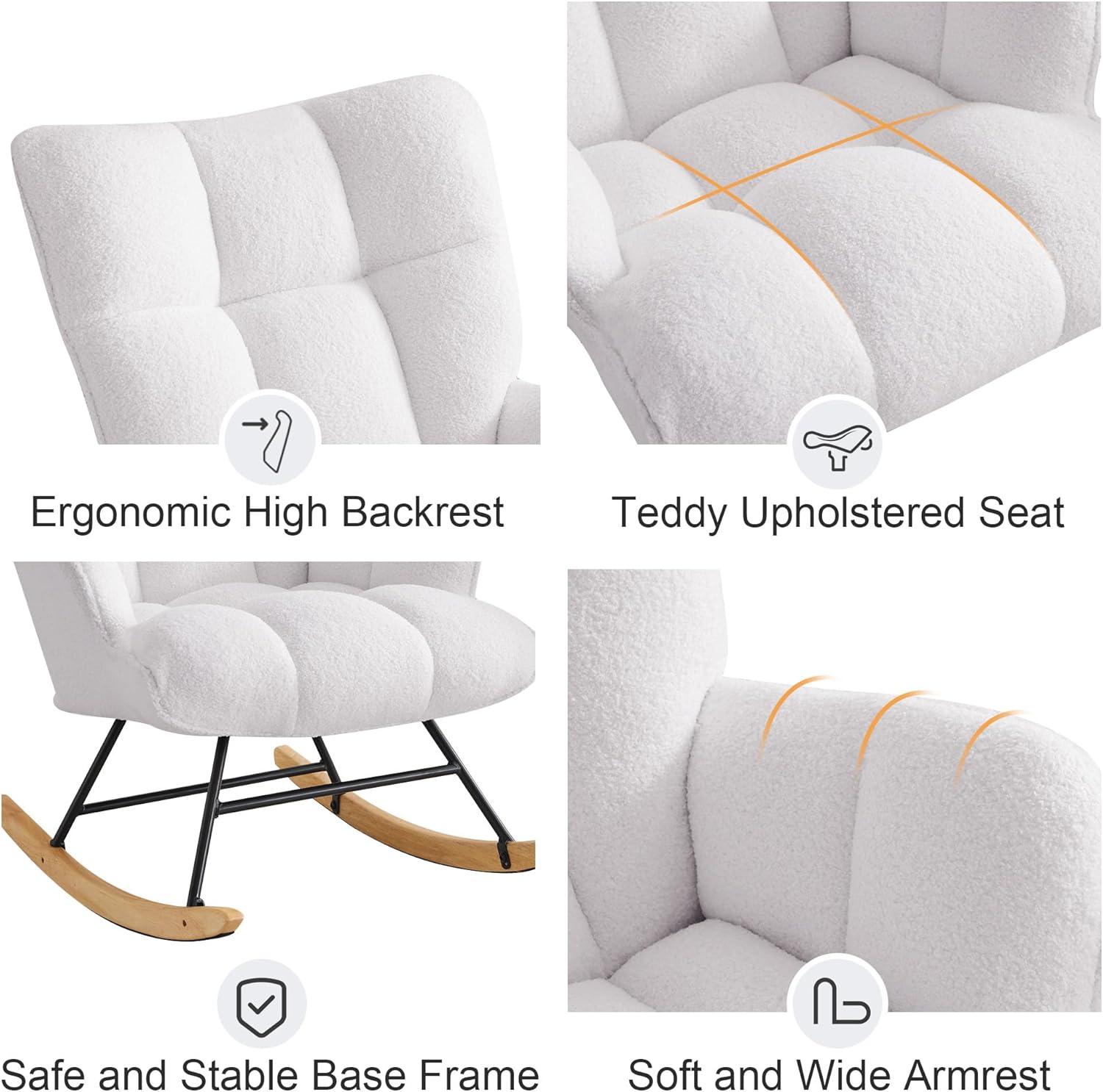 Nursery Rocking Chair Teddy, Upholstered Glider Rocker with High Backrest, Comfortable Stylish Accent Armchair with Padded Seat for Living Rooms, Bedrooms, Offices