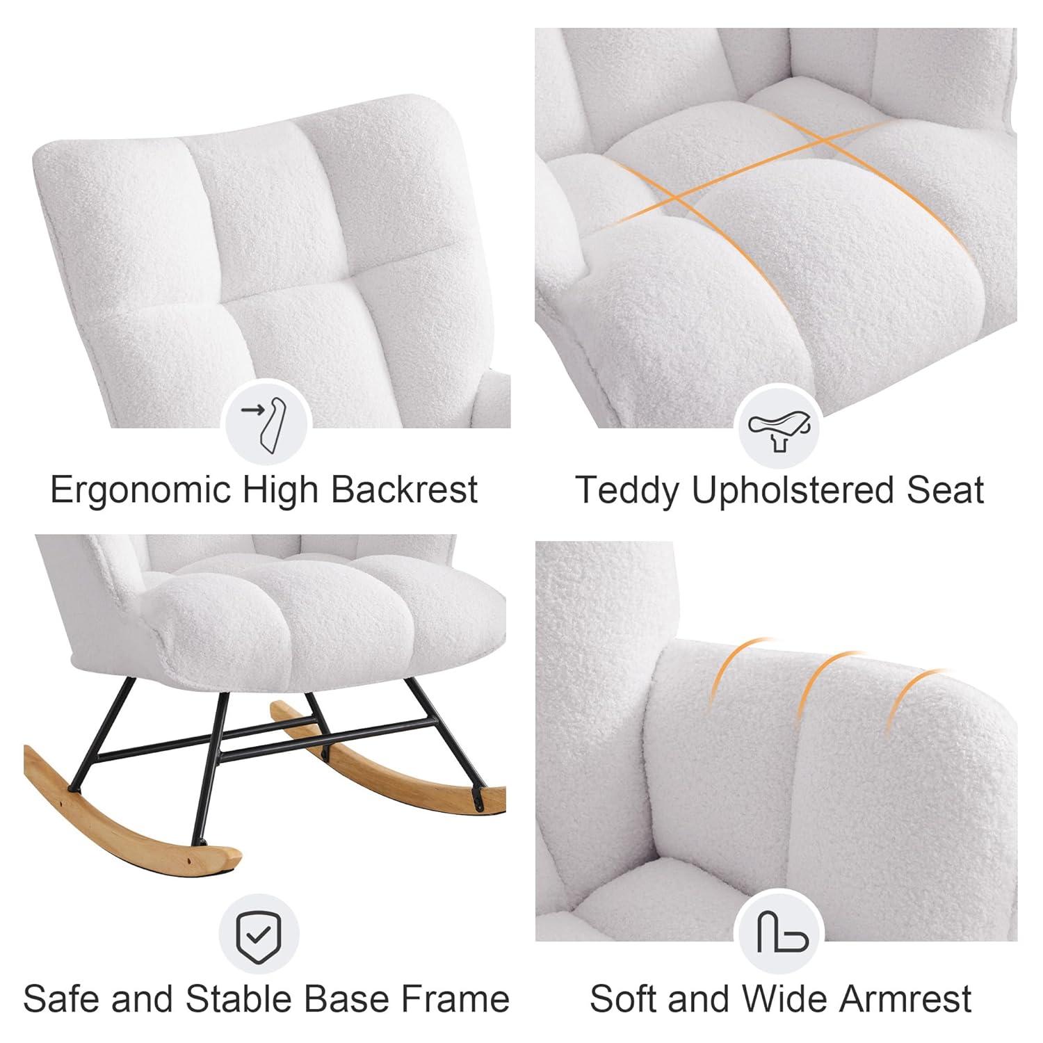 Nursery Rocking Chair Teddy, Upholstered Glider Rocker with High Backrest, Comfortable Stylish Accent Armchair with Padded Seat for Living Rooms, Bedrooms, Offices