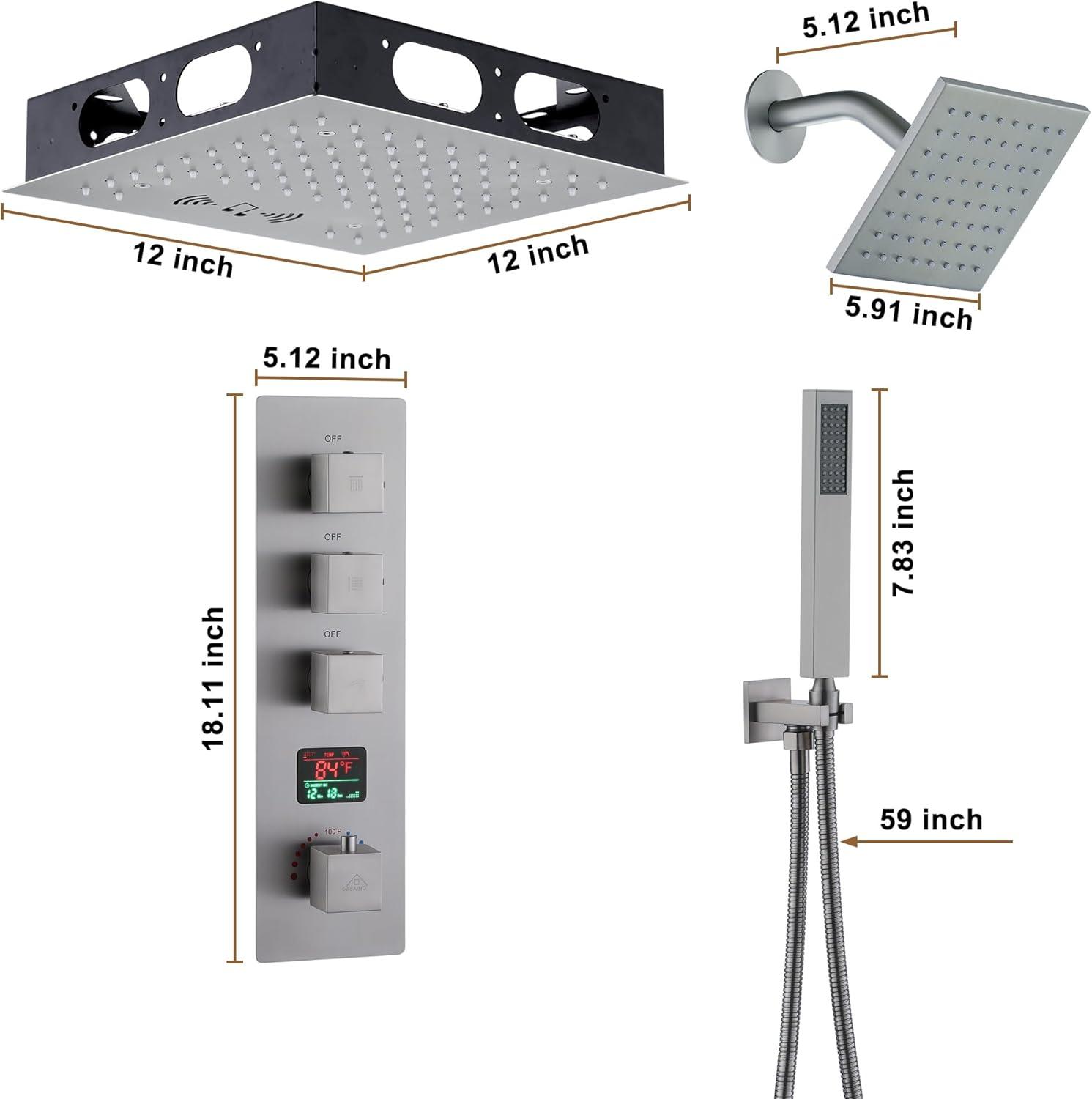 Rainfall Symphony 12" Flush Mount Rainfall Temperature Display Thermostatic Shower System with 64 Color LED and Music