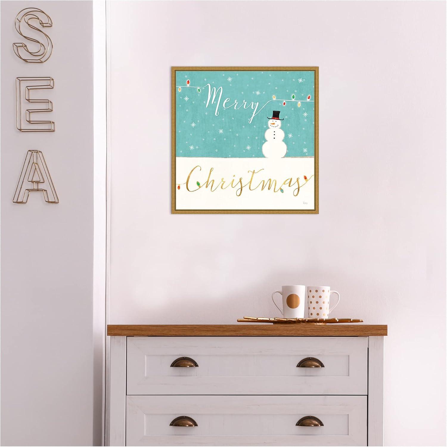 Merry Christmas Snowman Canvas Print with Gold Frame