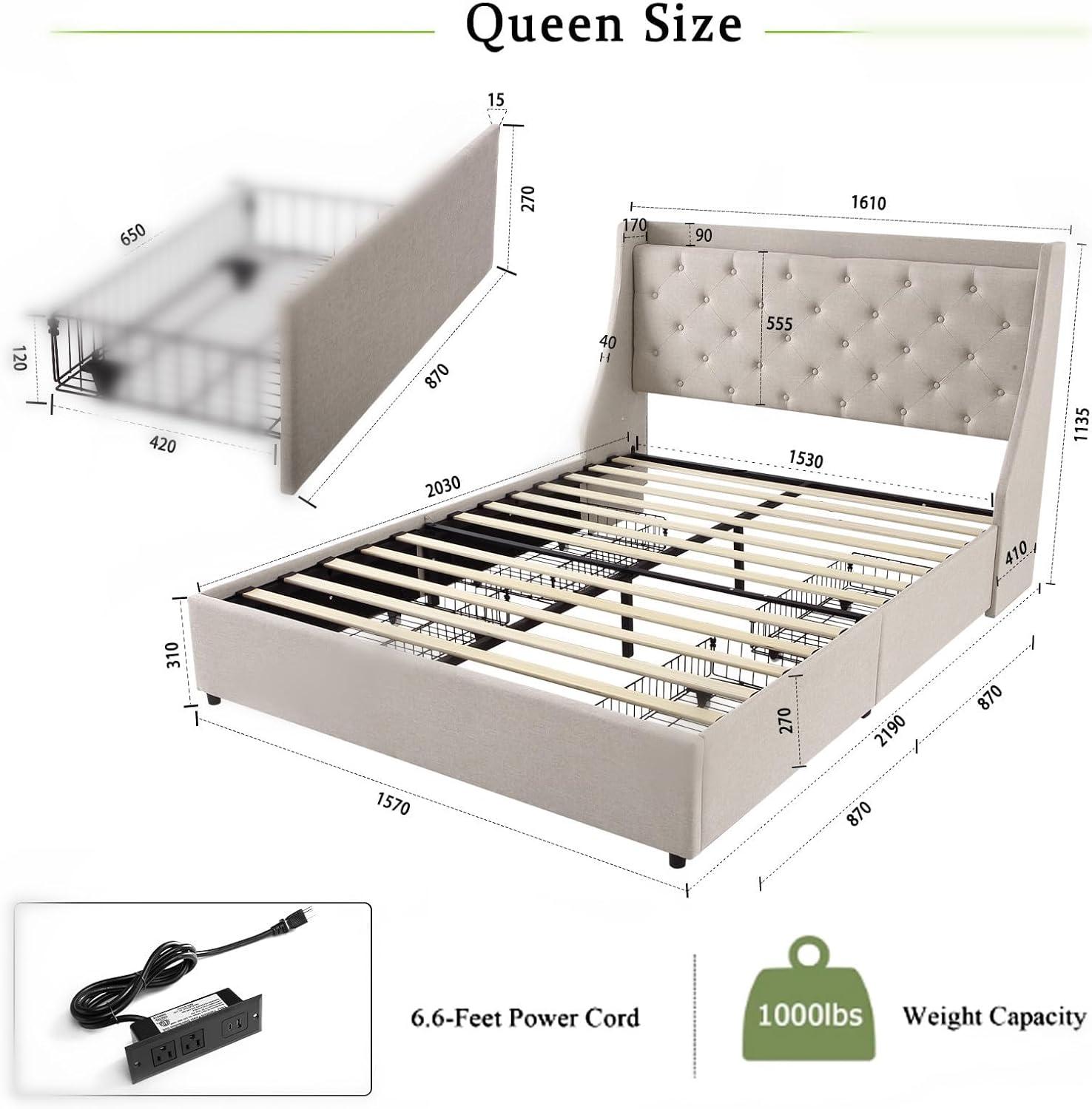 Huloretions Queen Bed Frame With Charging Station,Platform Bed With 4 Storage Drawers,Upholstered Wingback Headboard And Storage Shelf,No Box Spring Needed Easy Assembly