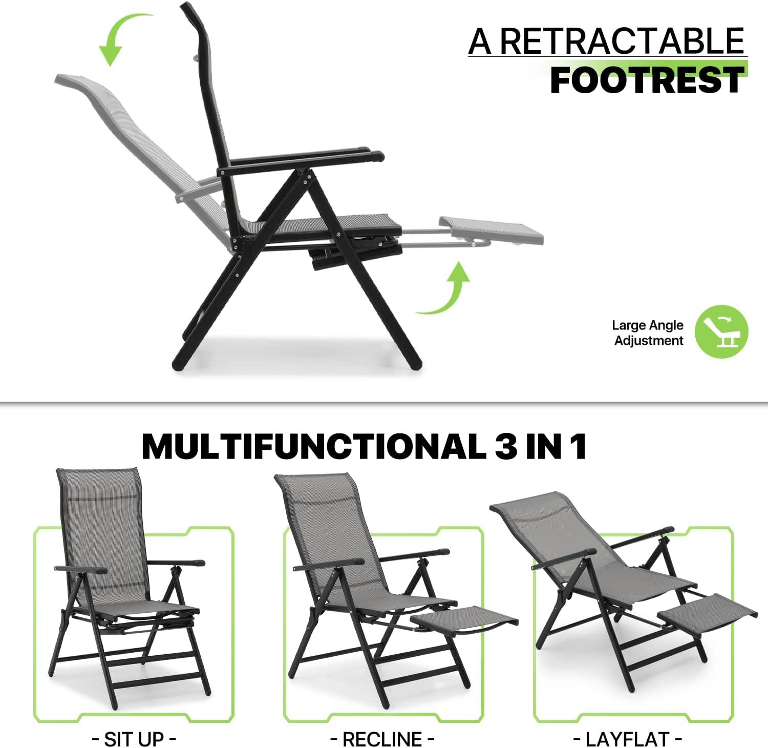 Magshion 2 Pieces Foldable Outdoor Lounge Chair with Retractable Footrest, Zero Gravity Reclining Chair with Armrests, 95-140° Adjustable Angle, Grey