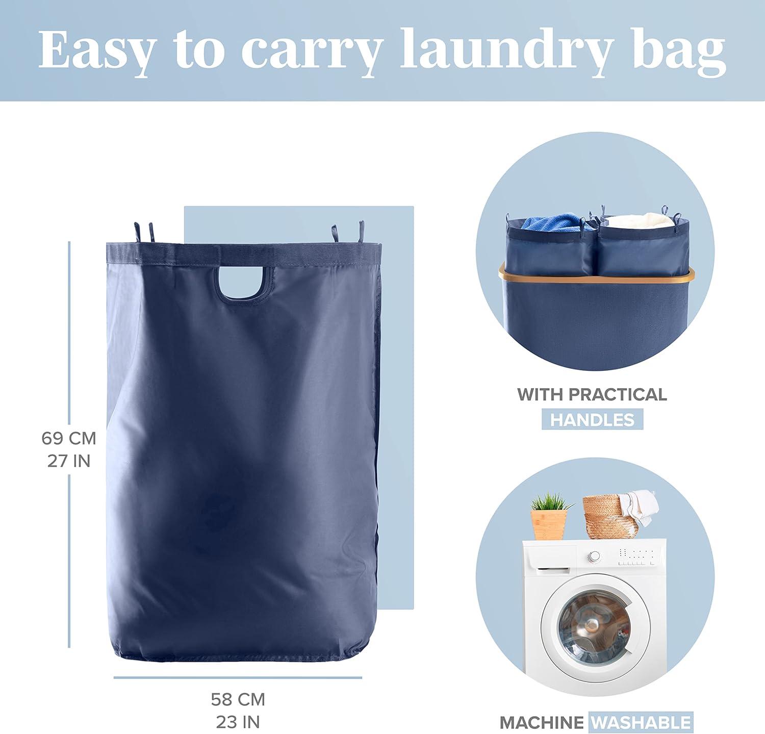 Lonbet - Double Laundry Hamper with Lid Cover - Bamboo Dual Section Laundry Basket - Collapsible Clothes Fabric Bin - Easy and Efficient Sorting - Removable Bags - 39.6 Gallons (3-5 Loads) - Blue