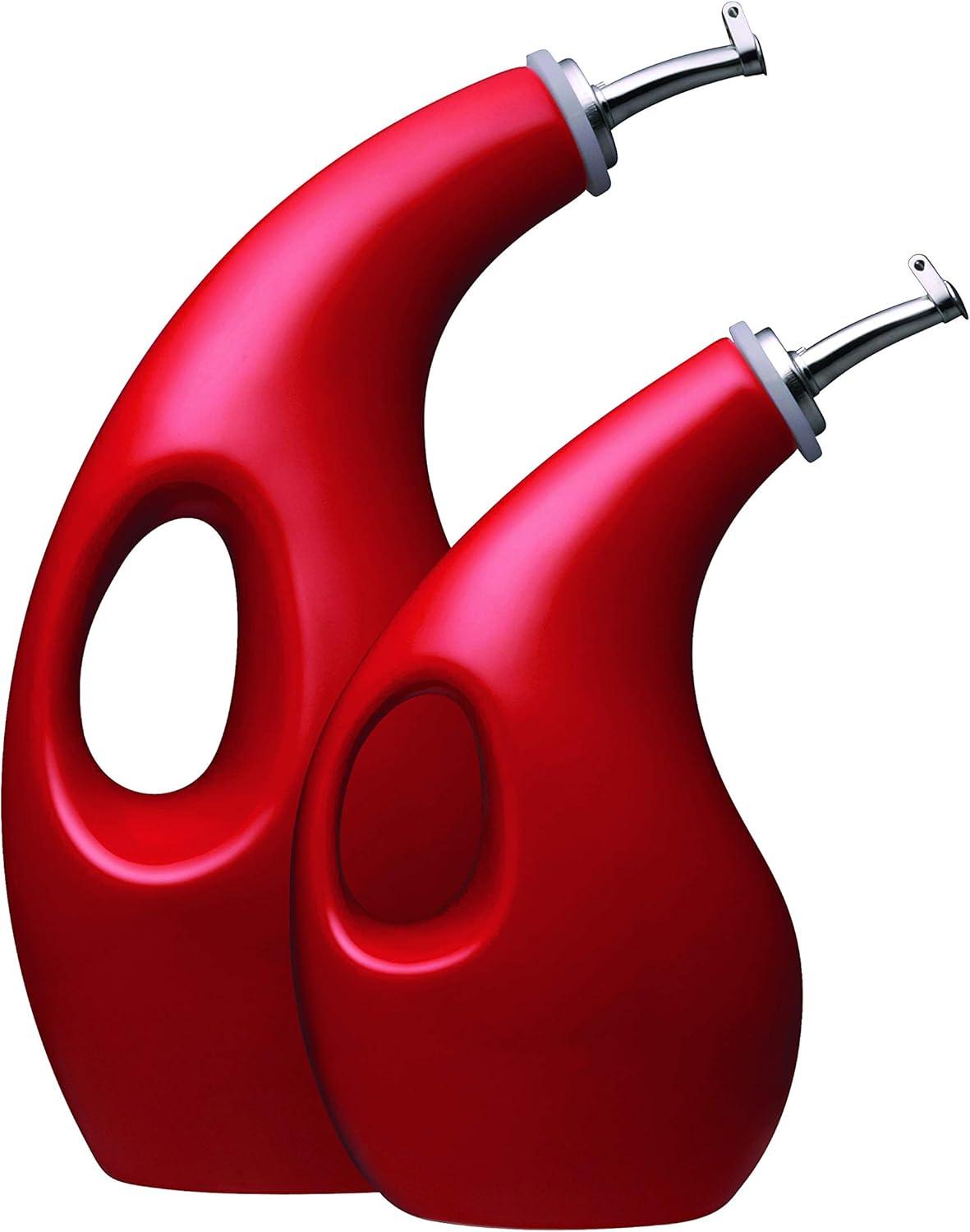 Red Ceramic Oil and Vinegar Dispensing Bottle Set with Spouts