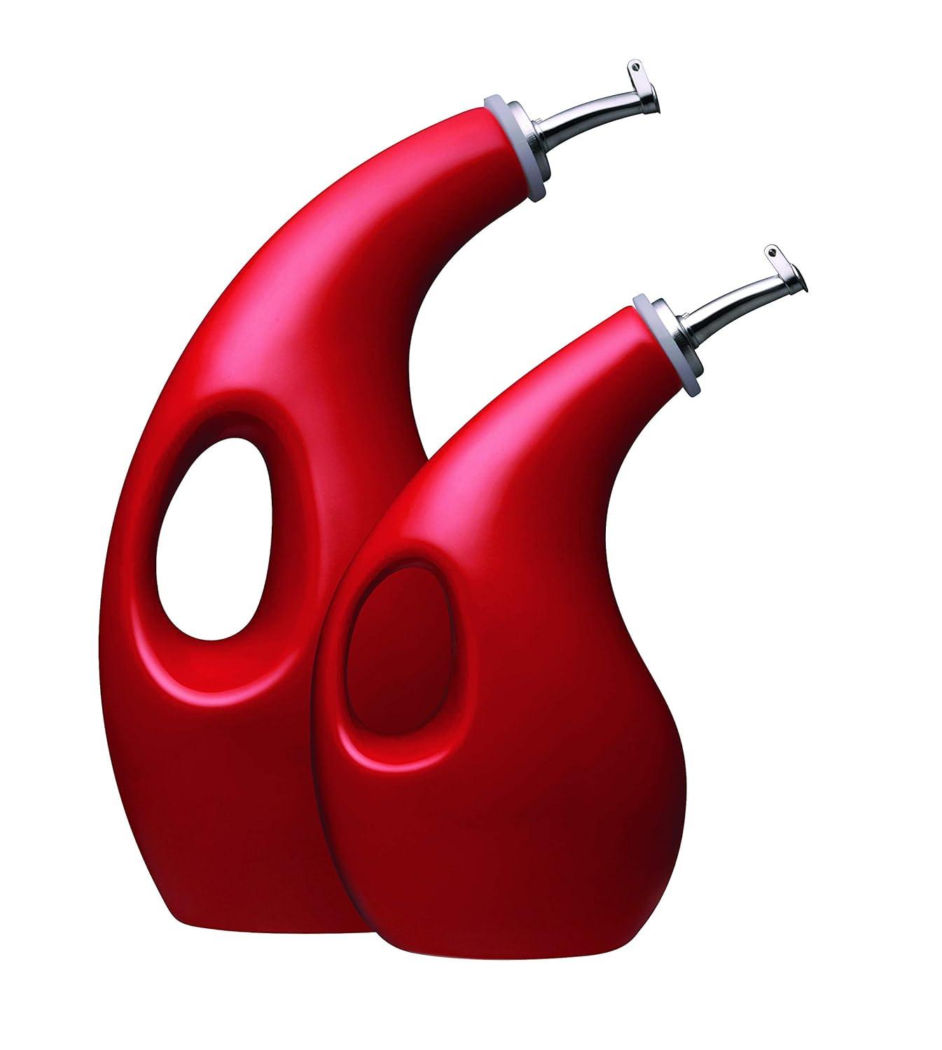 Red Ceramic Oil and Vinegar Dispensing Bottle Set with Spouts