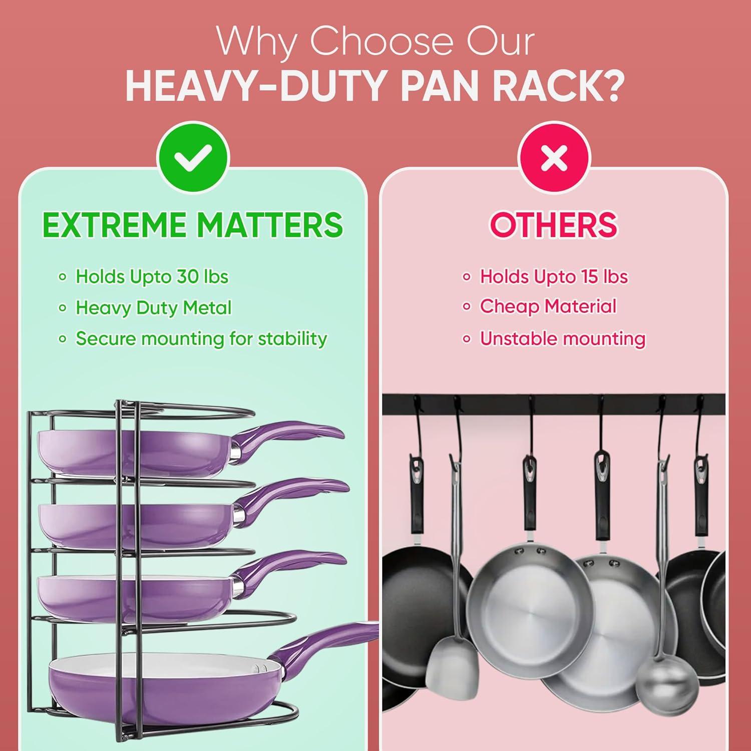 Extreme Matters Heavy-Duty Pots and Pans Organizer | 5-Tier Cookware & Lid Storage Rack | Free-Standing or Wall-Mount | Kitchen Organizer for Cast Iron Skillets, Pots, Frying Pans, Lids | Black