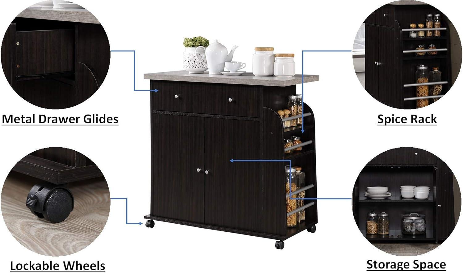 Elegant Chocolate Brown Wheeled Kitchen Island with Spice & Towel Rack