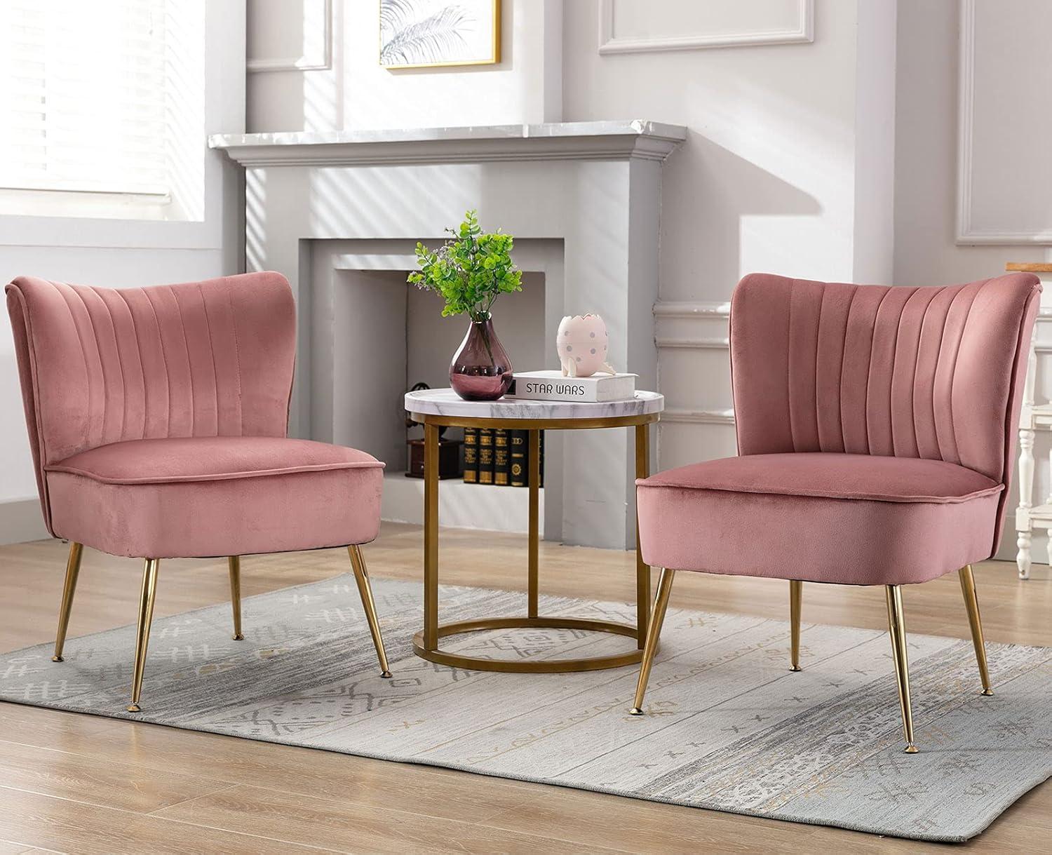 Guyou Modern Accent Chair Set of 2, Armless Slipper Chair Velvet Upholstered Lounge Chair, Wingback Single Sofa Side Chair with Gold Legs for Living Room Bedroom, Pink