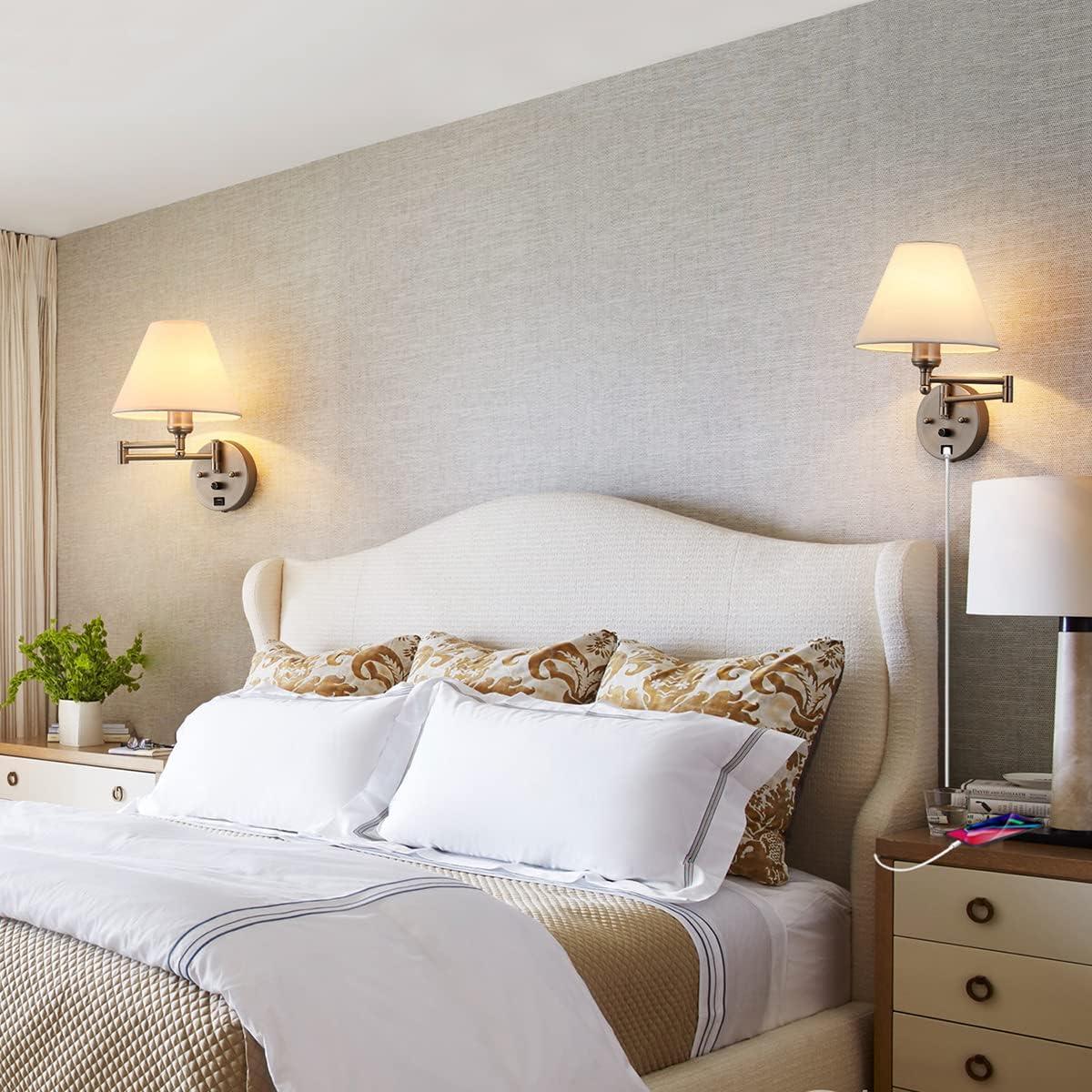 Swing Arm Wall Sconces, Plug-in Wall lamp,Bedroom Wall lamp ， White Fabric Shade，，with dimmable Switch and USB Charging Port, Suitable for Bedside, Living Room, Reading (Nickel)