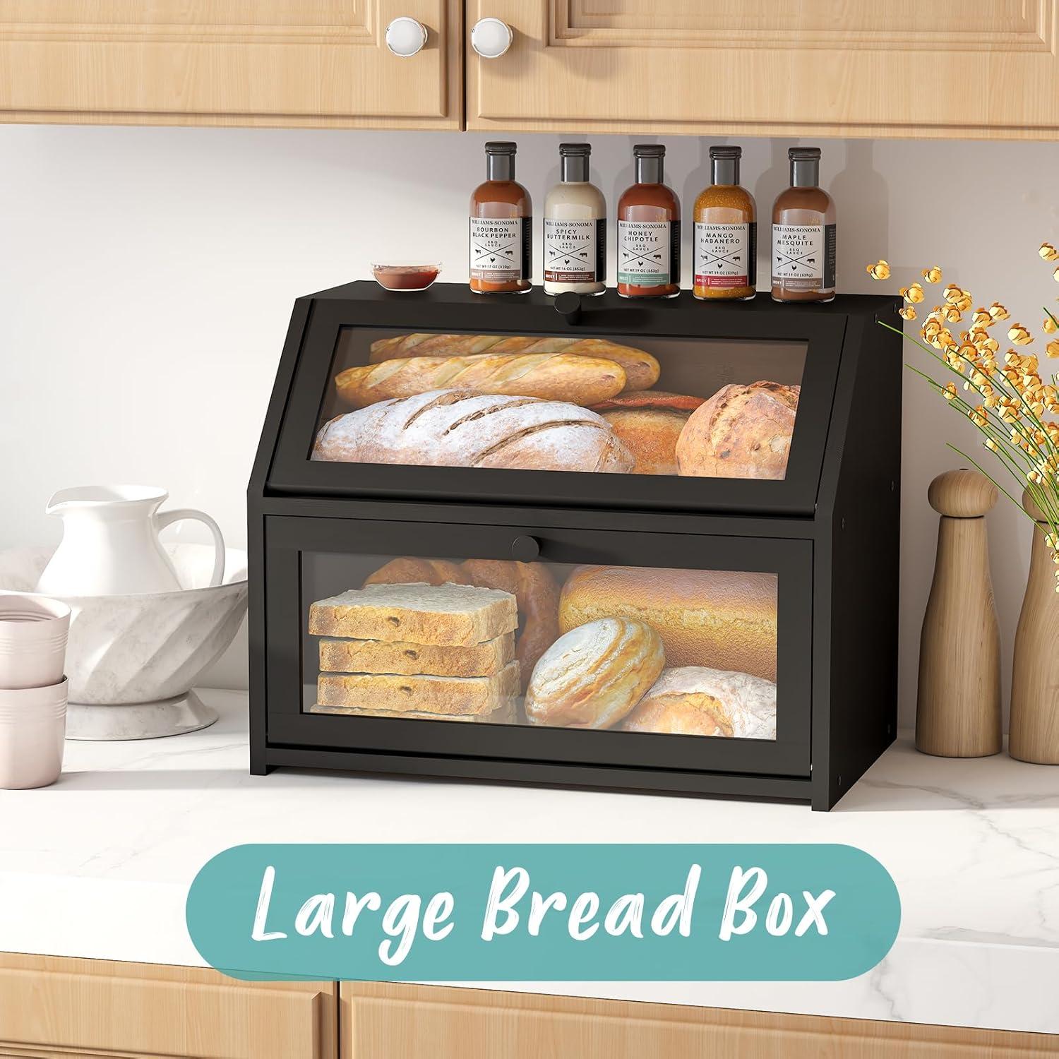 Black Bread Box For Kitchen Counter, Large Bread Storage Container, Double Layer Bamboo Wooden Large Capacity Bread Storage Bin