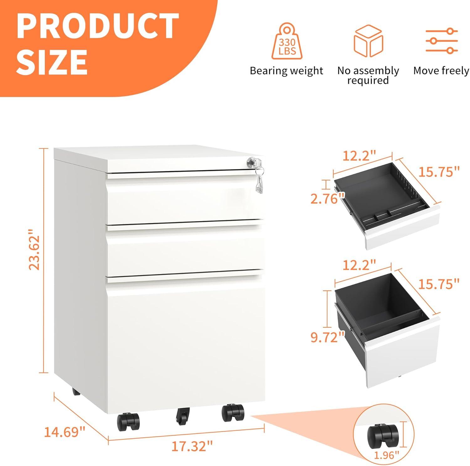 SYNGAR 3 Drawer File Cabinet with Lock, Mobile Printer Stand with 5 Wheels, Under Desk Metal Filing Cabinet fits A4 File/Letter/Legal for Home Office, Fully Assembled, White, D8952