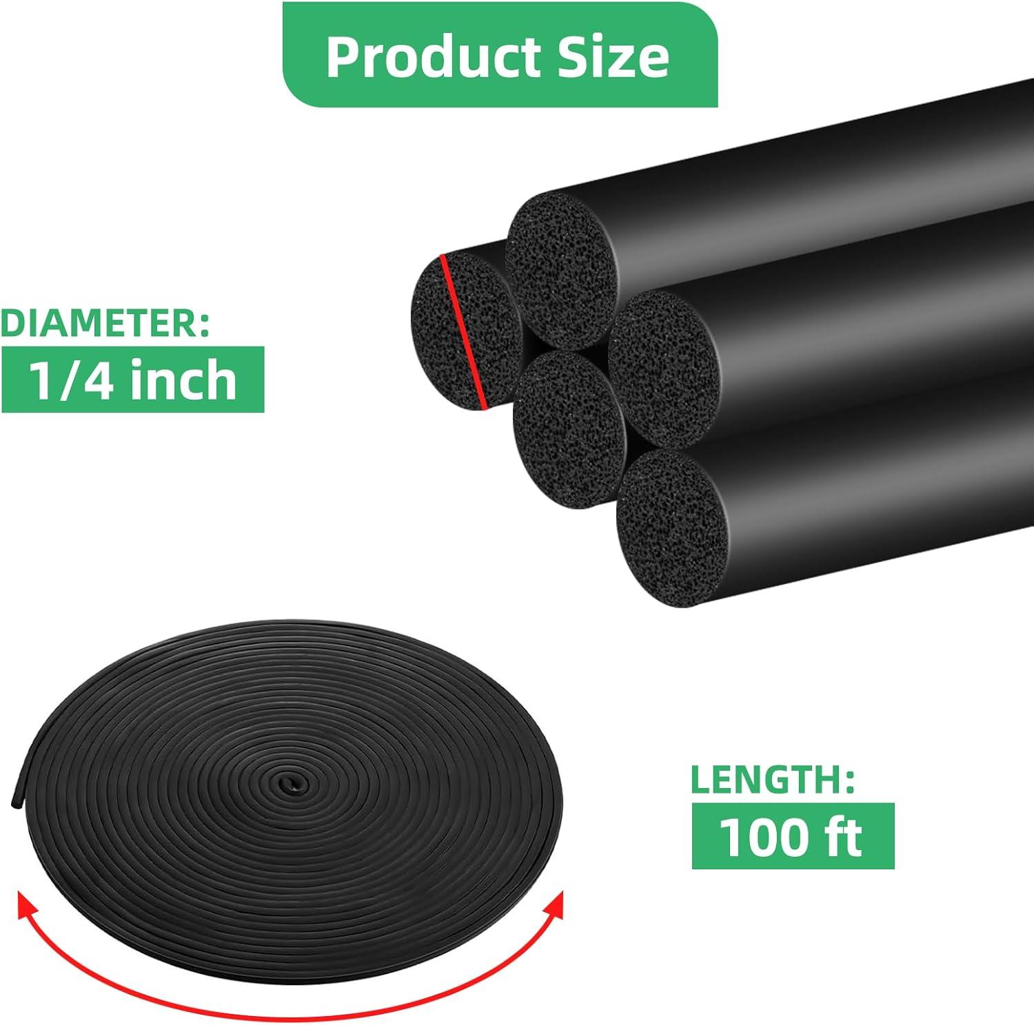 Black Foam Rubber Backer Rod for Gaps and Joints, 1/4 Inch x 100 ft